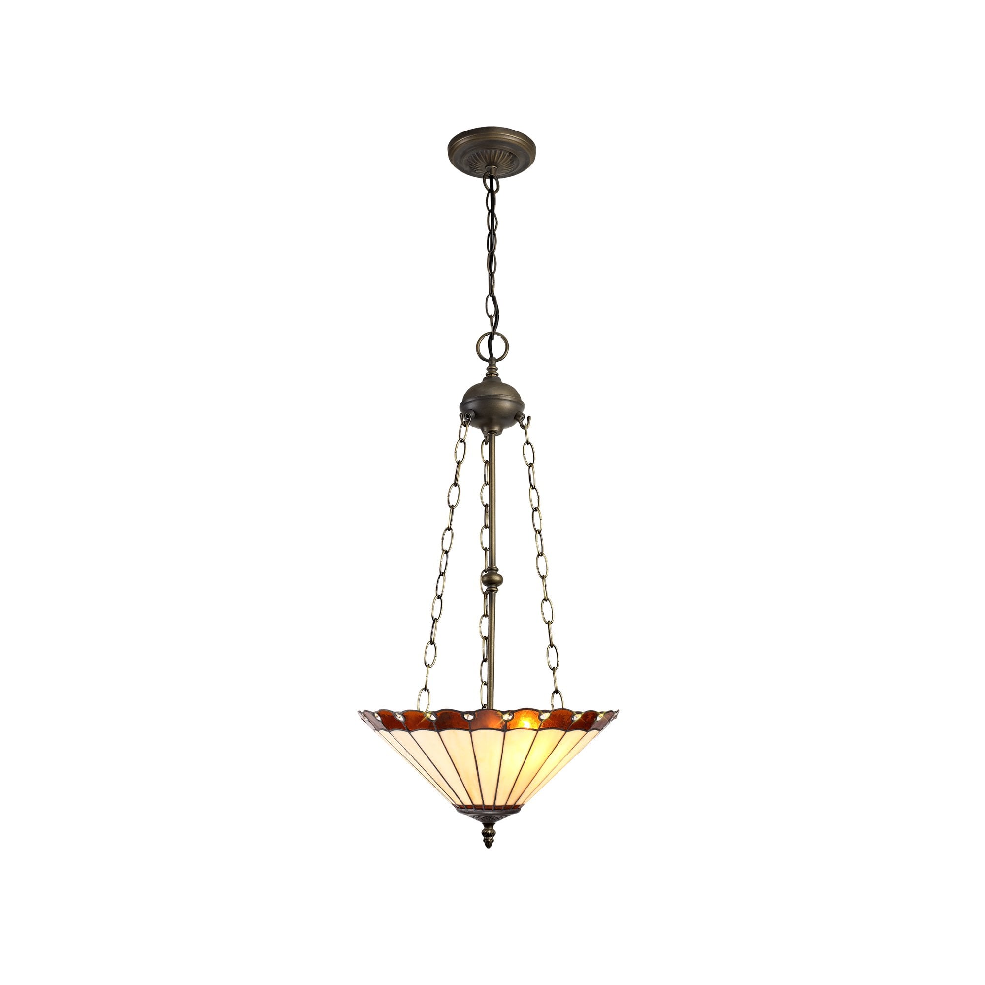 3 Light Uplighter Pendant E27 With 40cm Tiffany Shade, Amber/Cream/Crystal/Aged Antique Brass