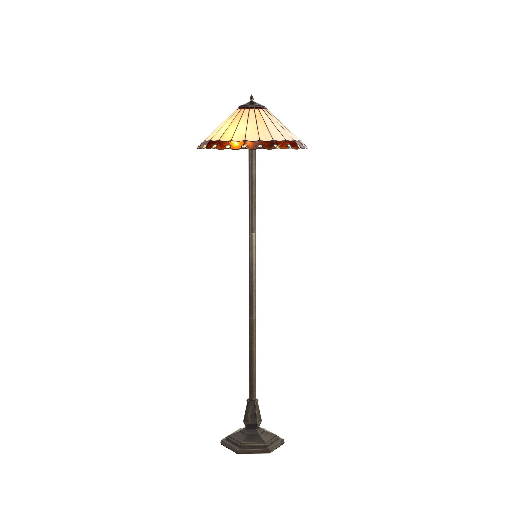 2 Light Octagonal Floor Lamp E27 With 40cm Tiffany Shade, Amber/Cream/Crystal/Aged Antique Brass