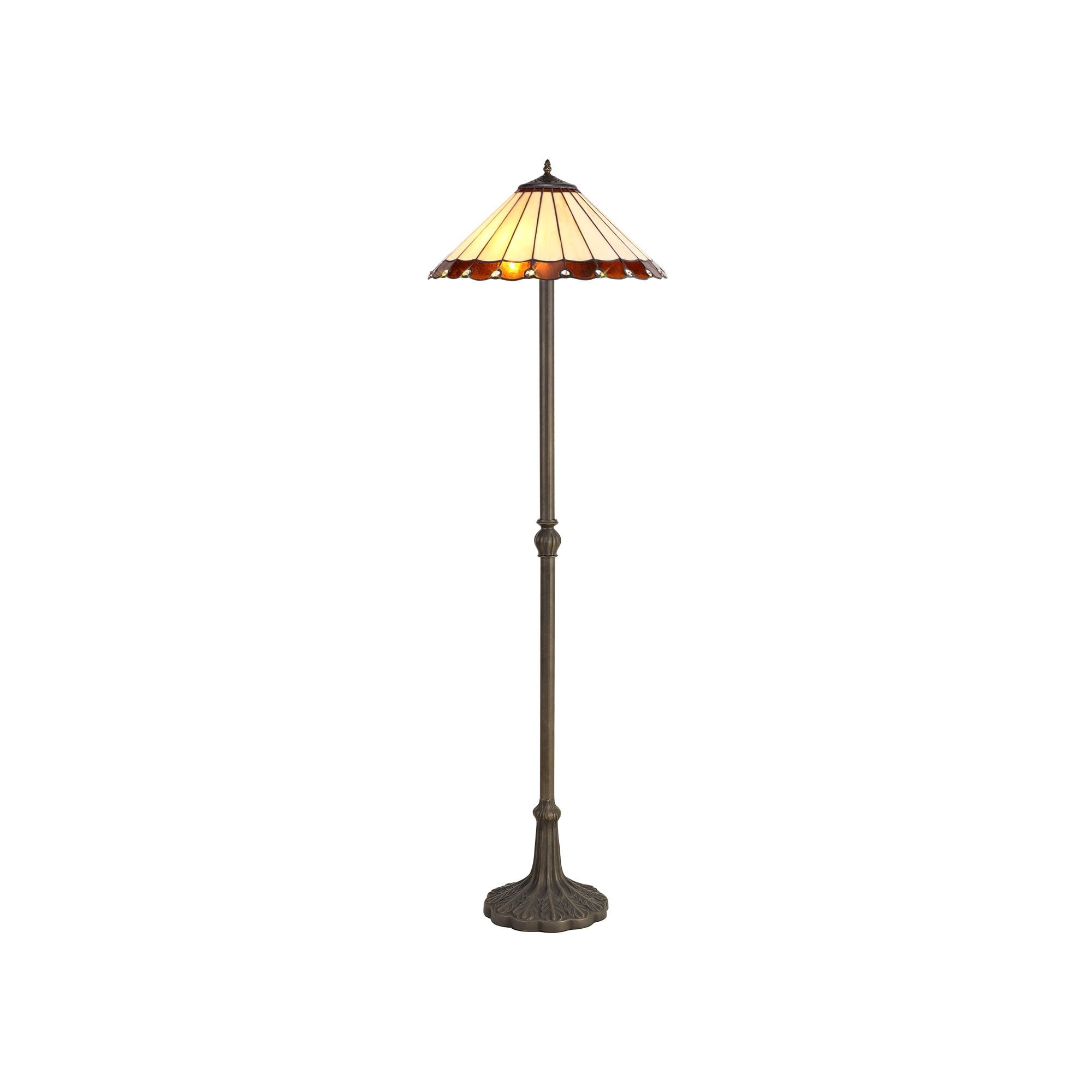 2 Light Leaf Design Floor Lamp E27 With 40cm Tiffany Shade, Amber/Cream/Crystal/Aged Antique Brass