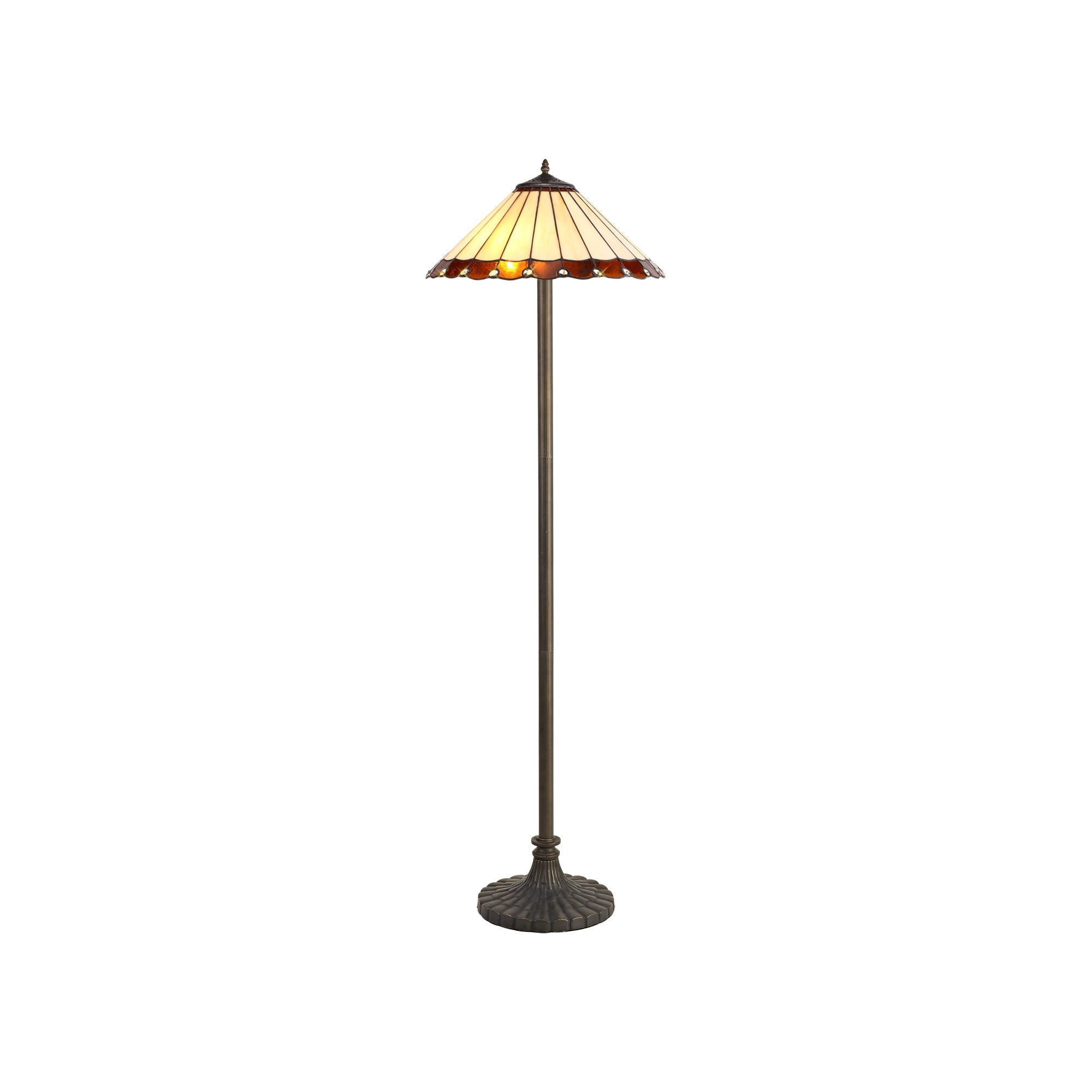 2 Light Stepped Design Floor Lamp E27 With 40cm Tiffany Shade, Amber/Cream/Crystal/Aged Antique Brass