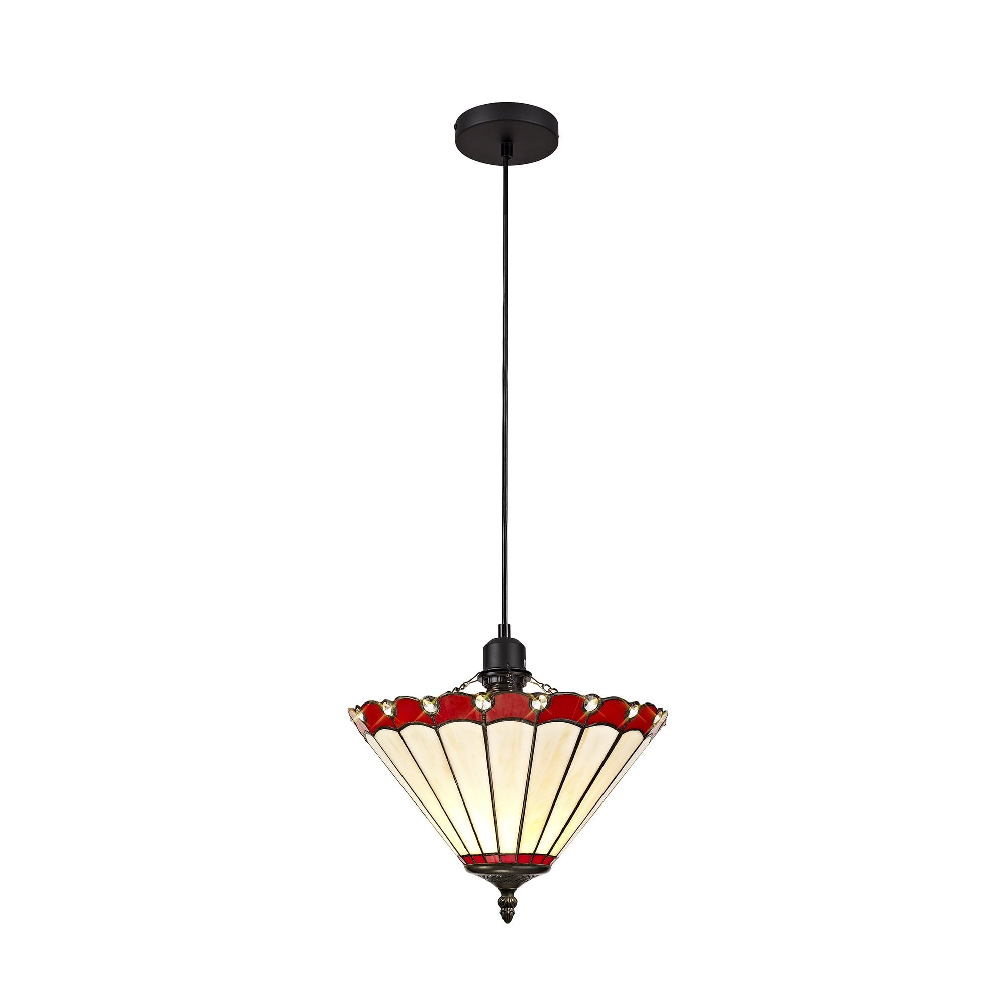 1 Light Uplighter Pendant E27 With 30cm Tiffany Shade, Red/Cream/Crystal/Black