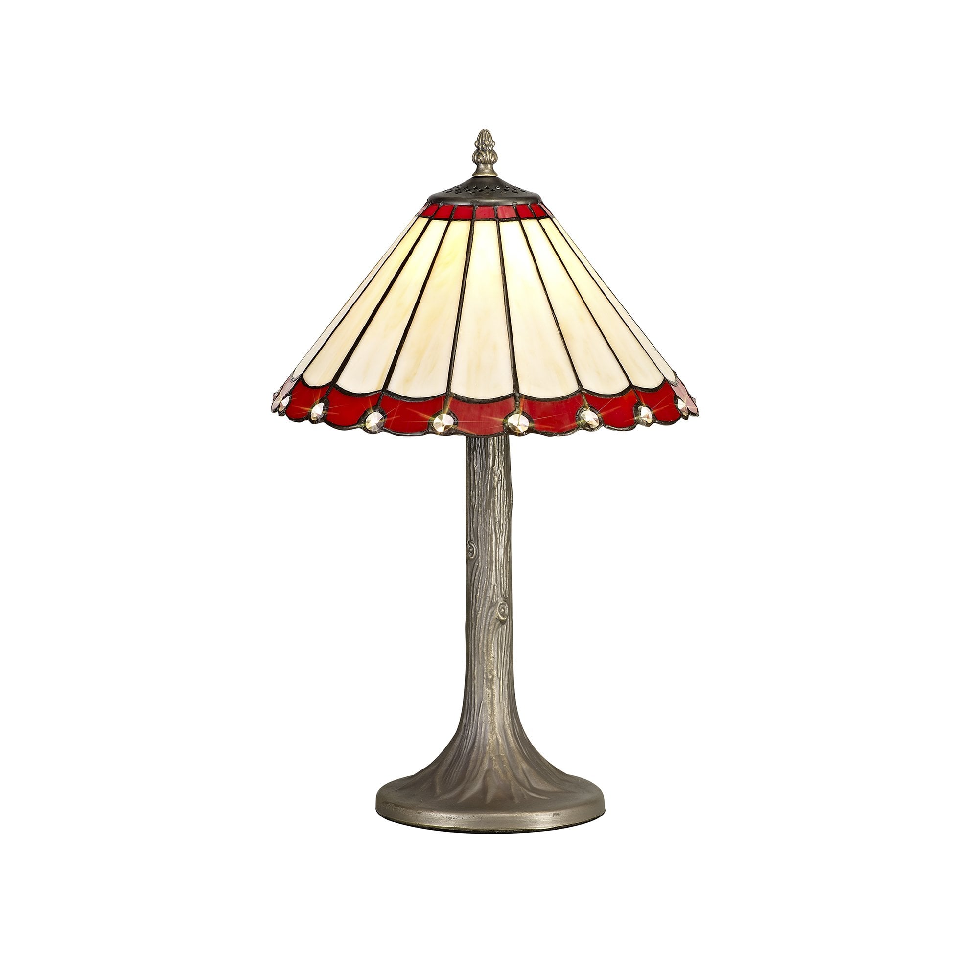 1 Light Tree Like Table Lamp E27 With 30cm Tiffany Shade, Red/Cream/Crystal/Aged Antique Brass