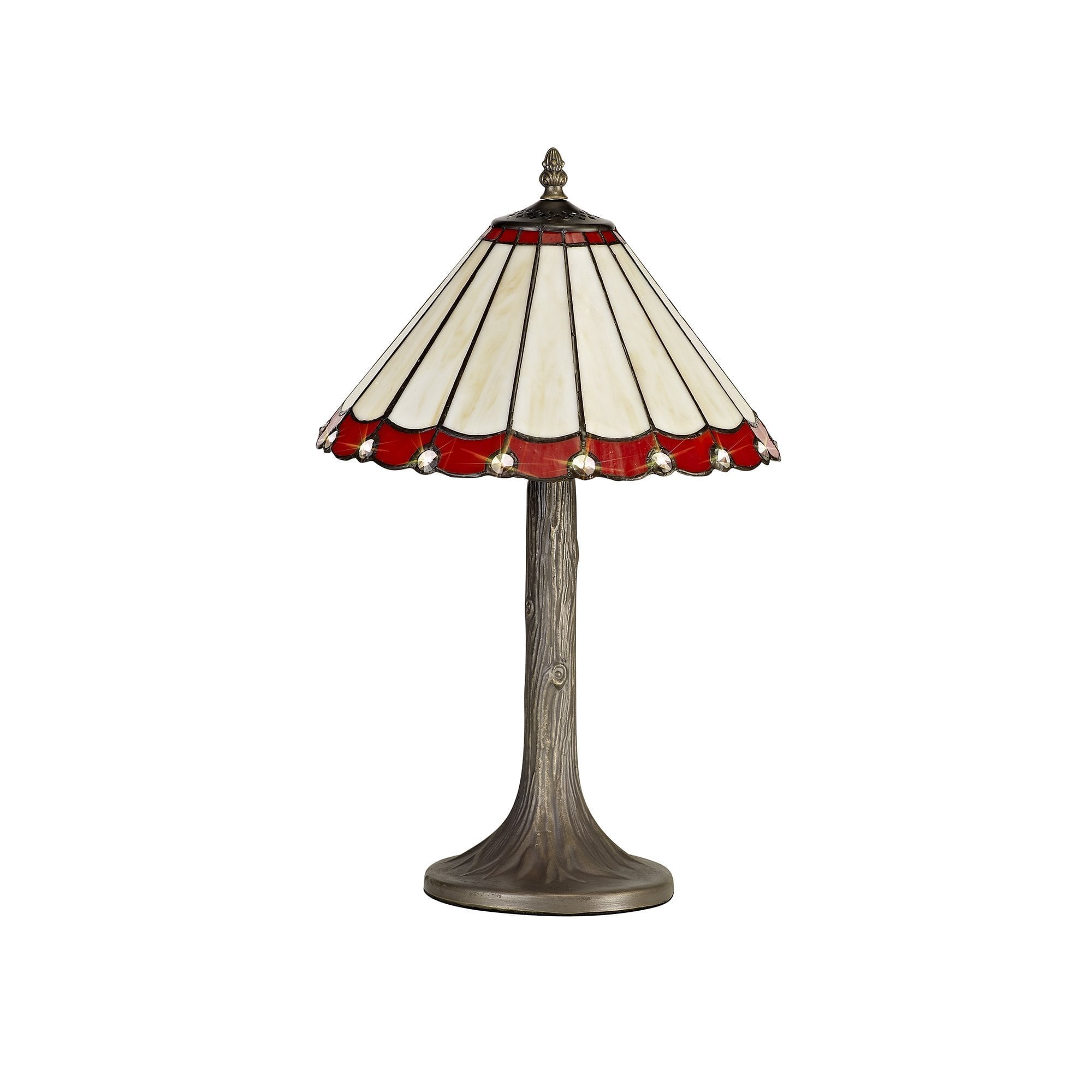 1 Light Tree Like Table Lamp E27 With 30cm Tiffany Shade, Red/Cream/Crystal/Aged Antique Brass