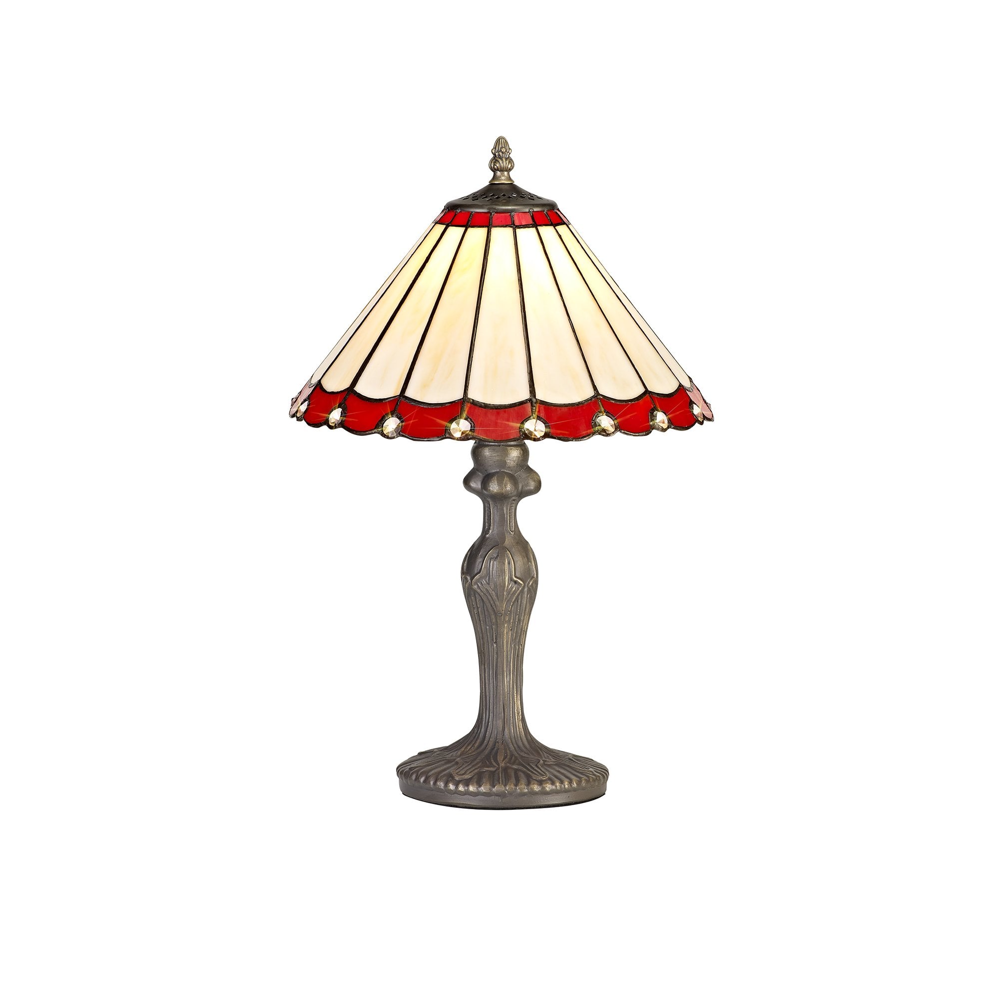 1 Light Curved Table Lamp E27 With 30cm Tiffany Shade, Red/Cream/Crystal/Aged Antique Brass