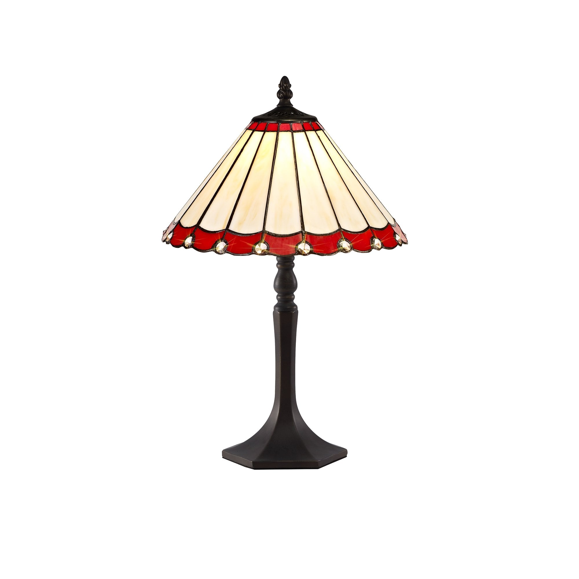 1 Light Octagonal Table Lamp E27 With 30cm Tiffany Shade, Red/Cream/Crystal/Aged Antique Brass