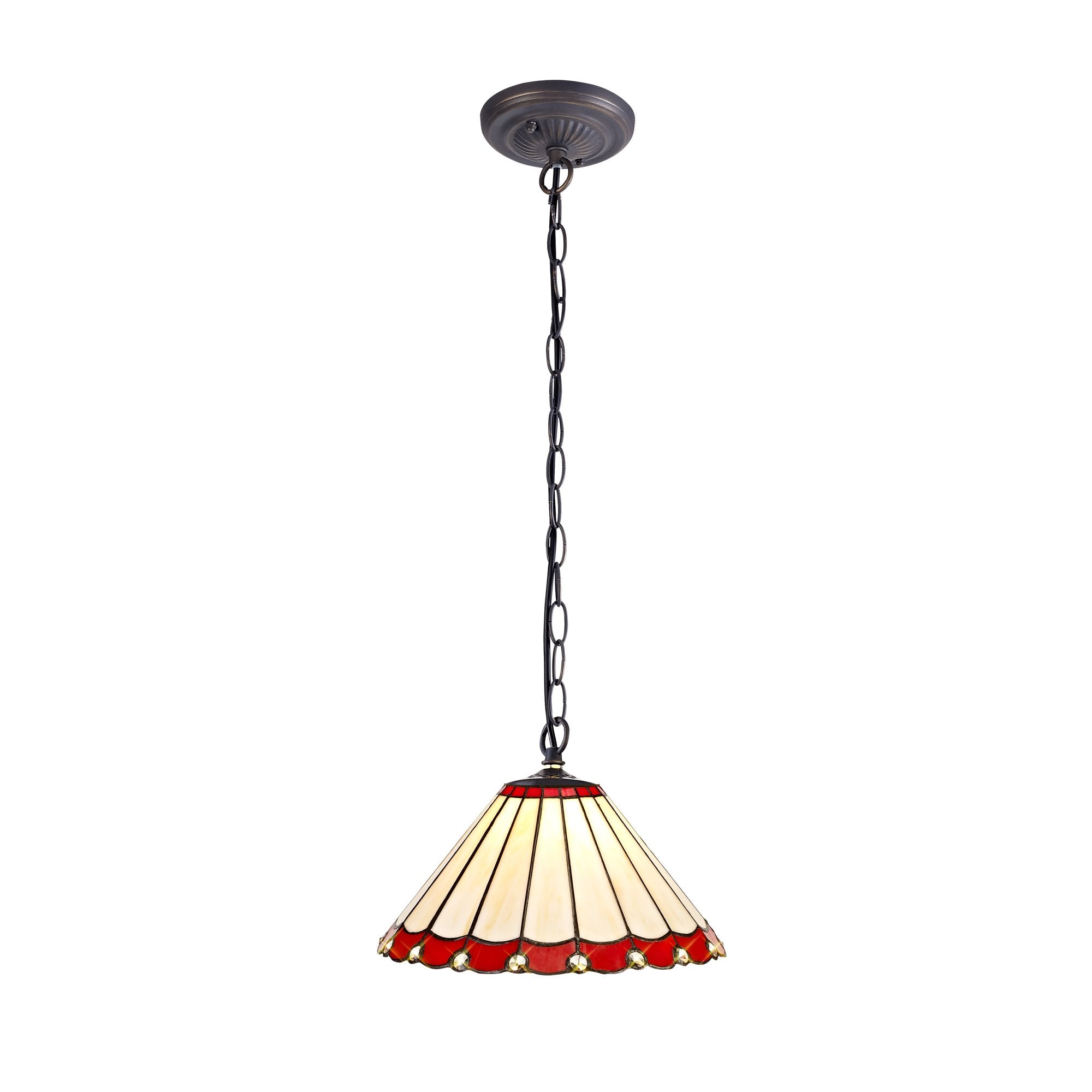 1 Light Downlighter Pendant E27 With 30cm Tiffany Shade, Red/Cream/Crystal/Aged Antique Brass