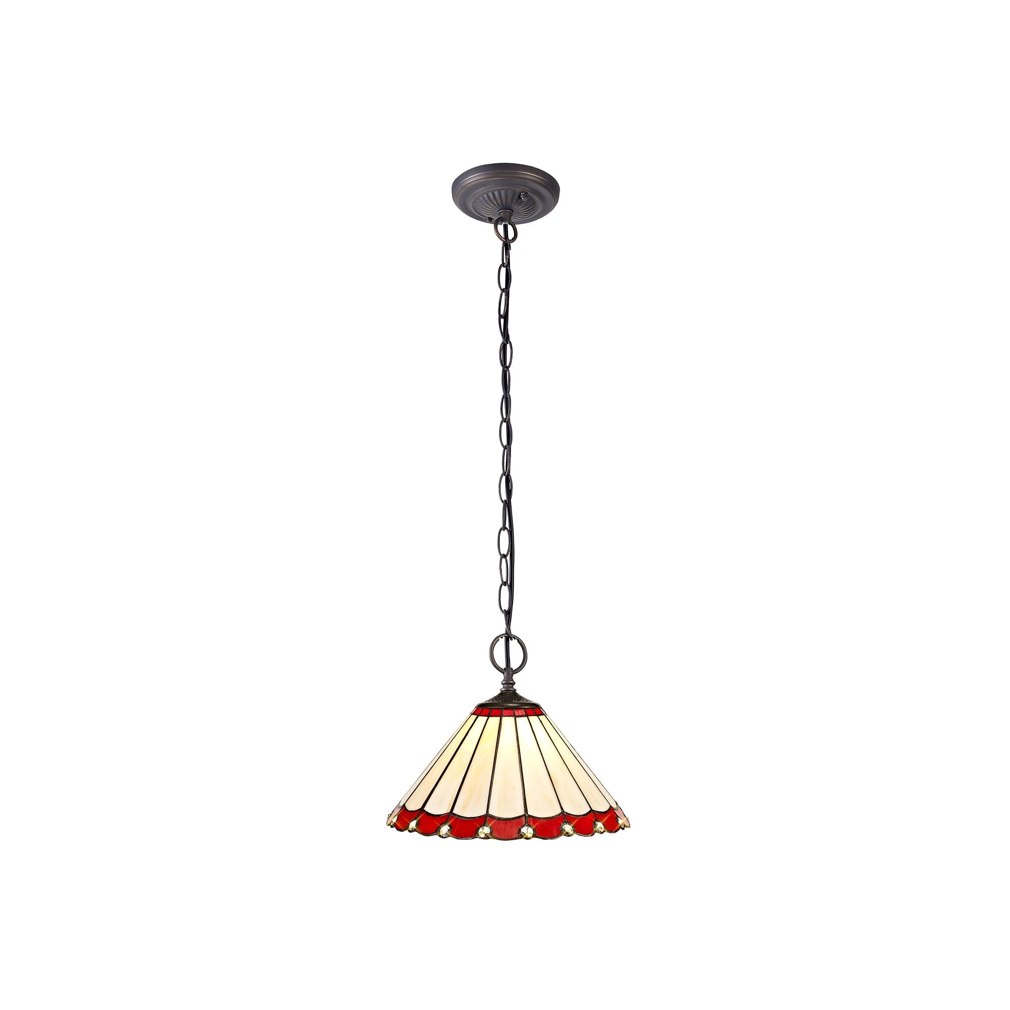 2 Light Downlighter Pendant E27 With 30cm Tiffany Shade, Red/Cream/Crystal/Aged Antique Brass