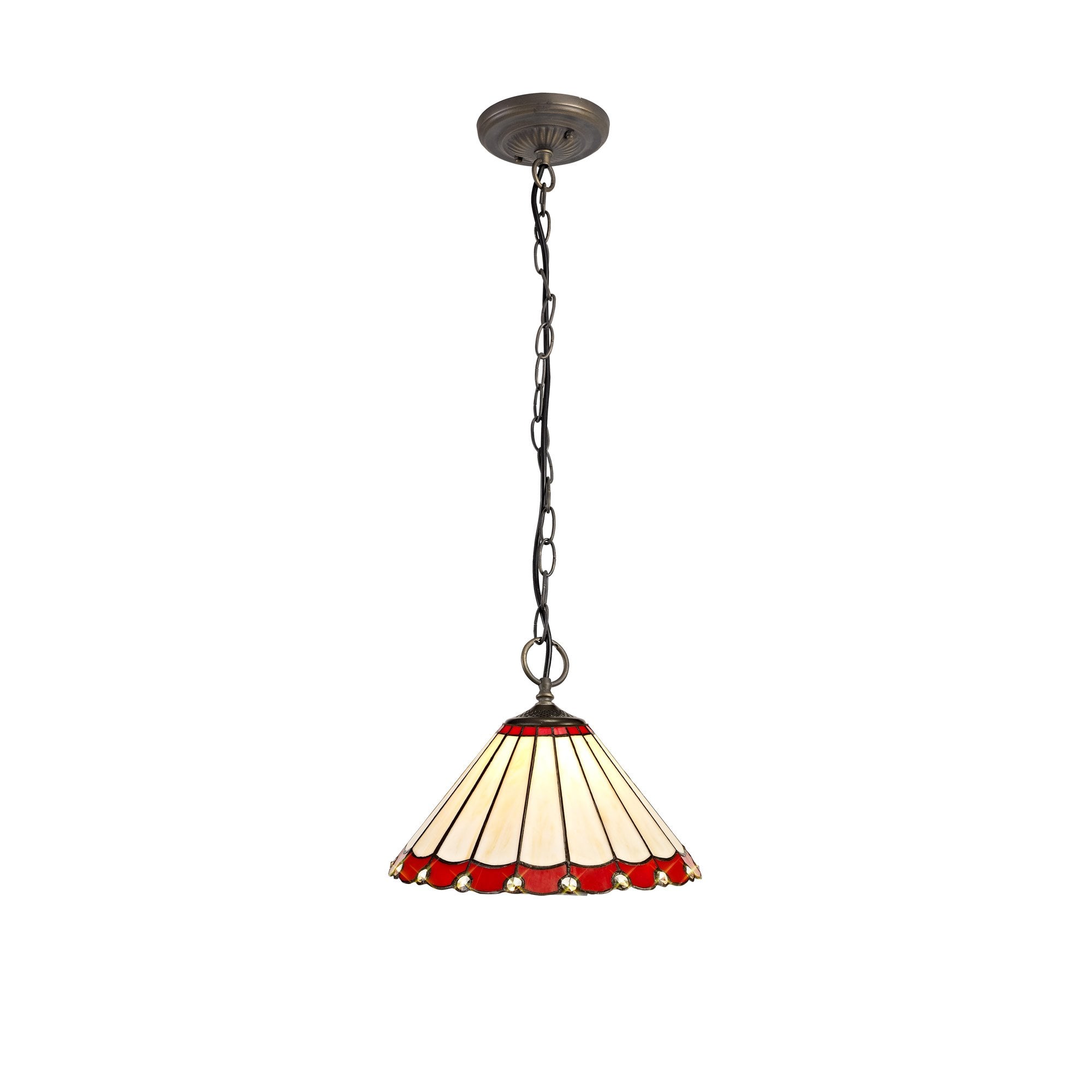 3 Light Downlighter Pendant E27 With 30cm Tiffany Shade, Red/Cream/Crystal/Aged Antique Brass