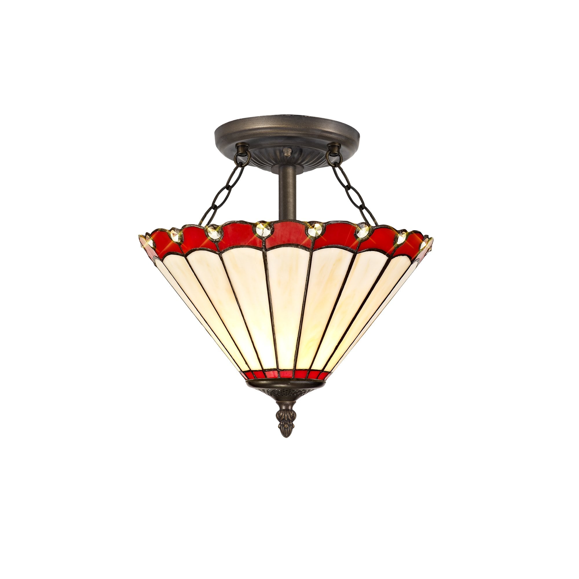 2 Light Semi Ceiling E27 With 30cm Tiffany Shade, Red/Cream/Crystal/Aged Antique Brass