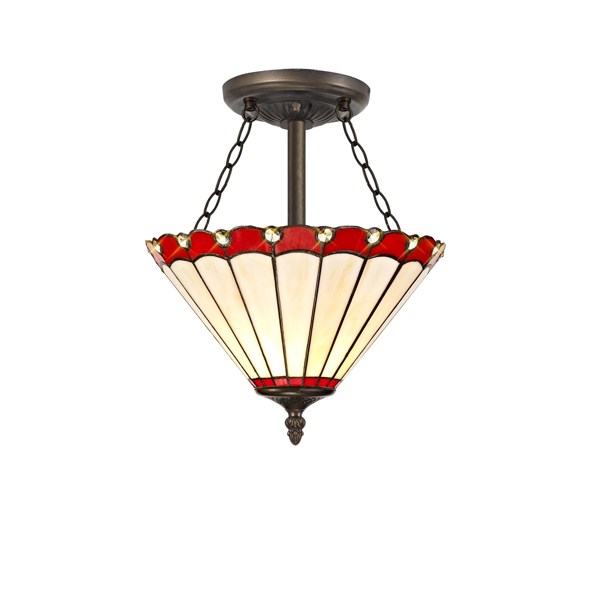 3 Light Semi Ceiling E27 With 30cm Tiffany Shade, Red/Cream/Crystal/Aged Antique Brass