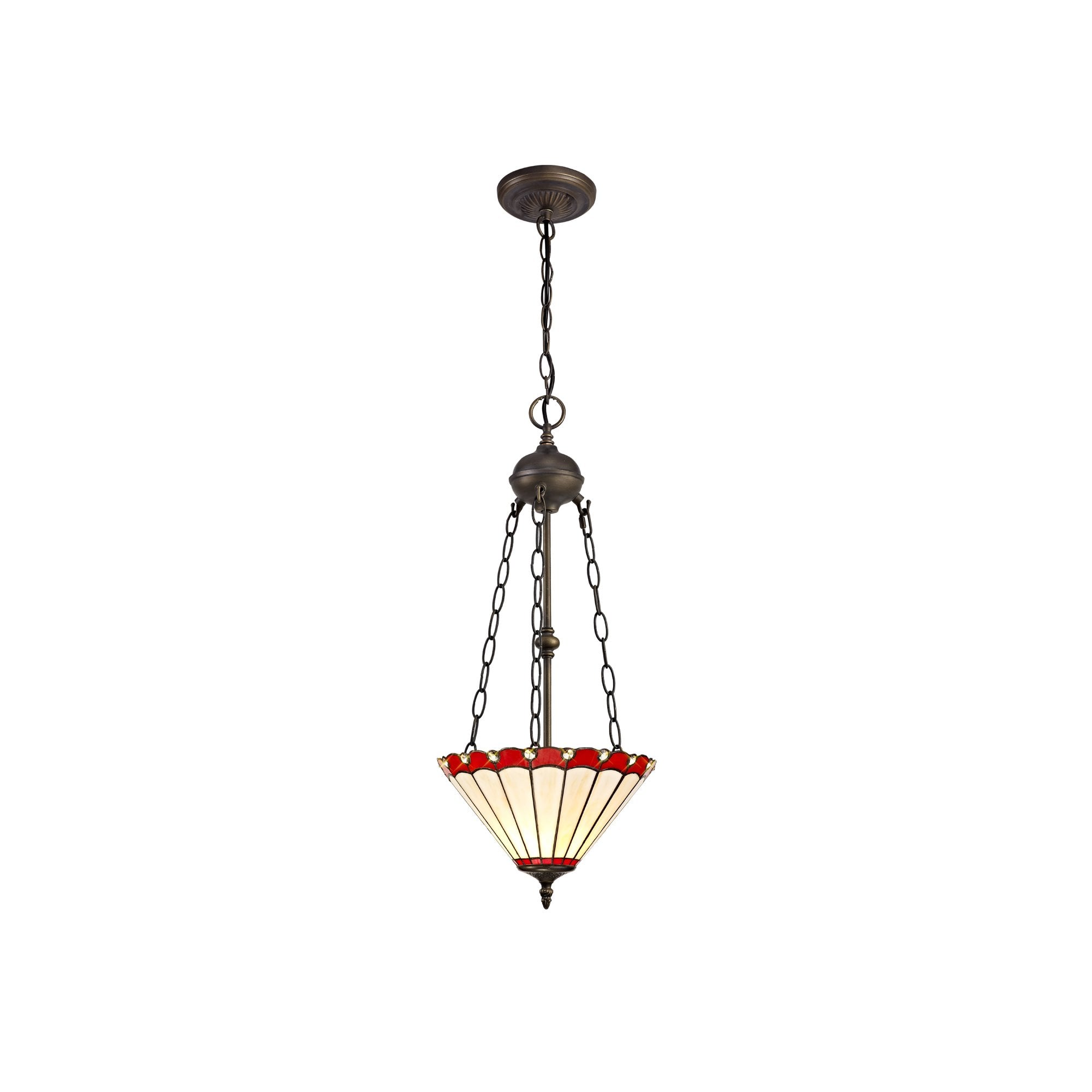 2 Light Uplighter Pendant E27 With 30cm Tiffany Shade, Red/Cream/Crystal/Aged Antique Brass