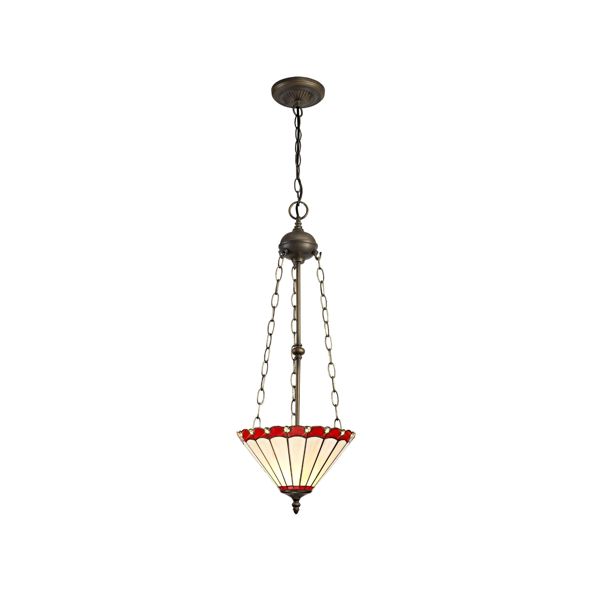 3 Light Uplighter Pendant E27 With 30cm Tiffany Shade, Red/Cream/Crystal/Aged Antique Brass