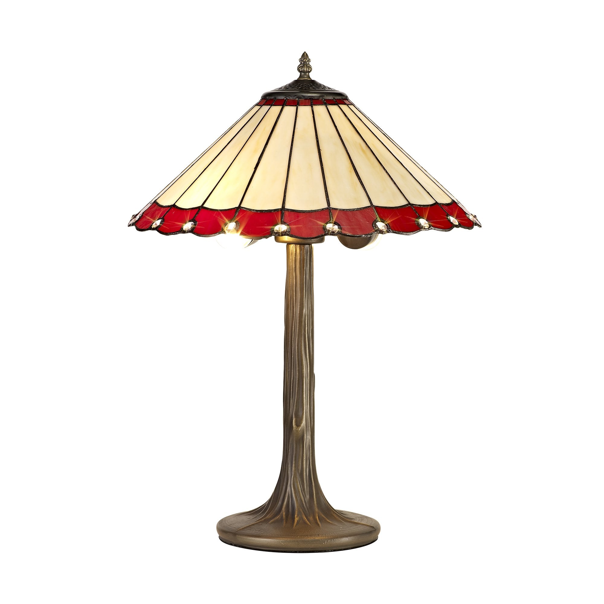 2 Light Tree Like Table Lamp E27 With 40cm Tiffany Shade, Red/Cream/Crystal/Aged Antique Brass