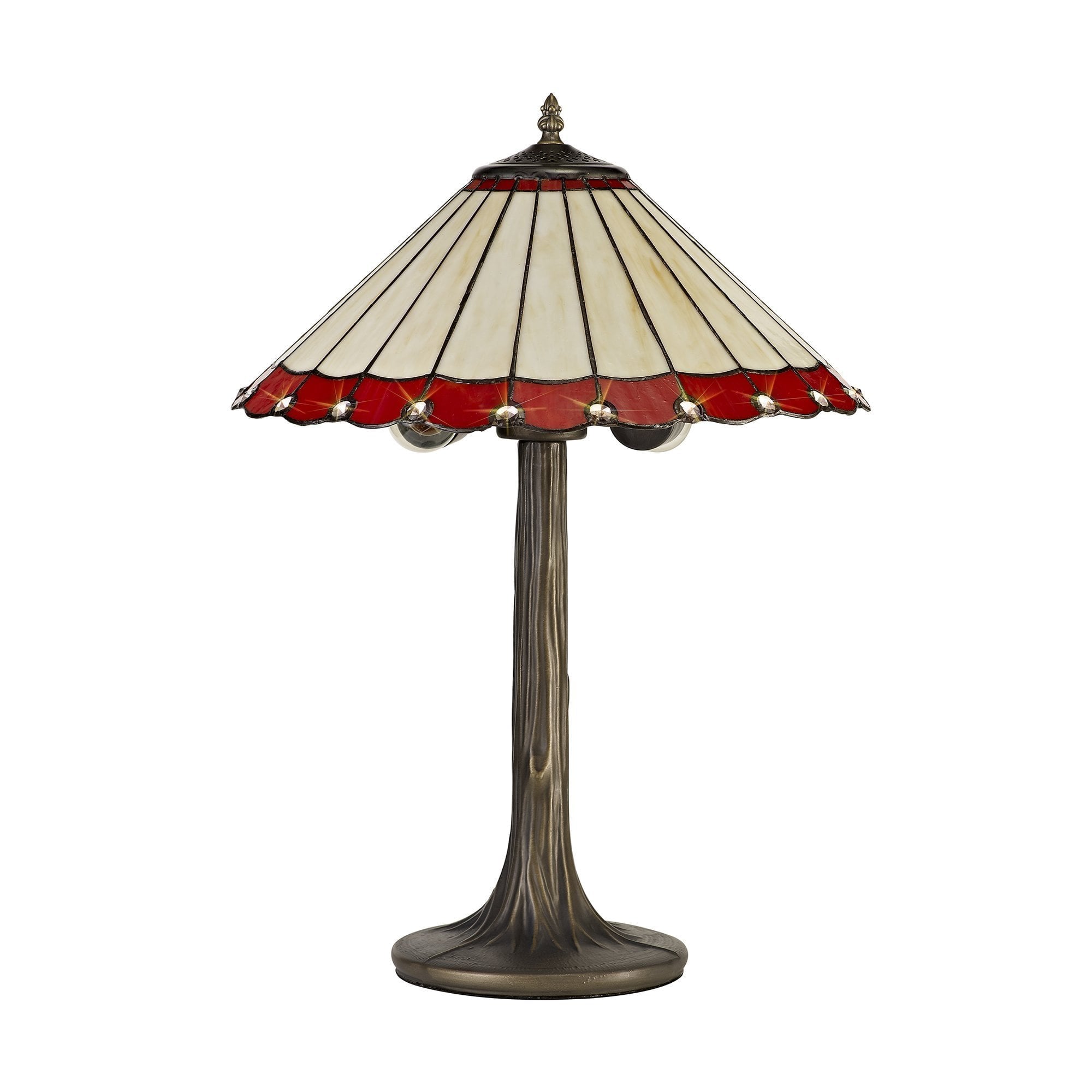 2 Light Tree Like Table Lamp E27 With 40cm Tiffany Shade, Red/Cream/Crystal/Aged Antique Brass