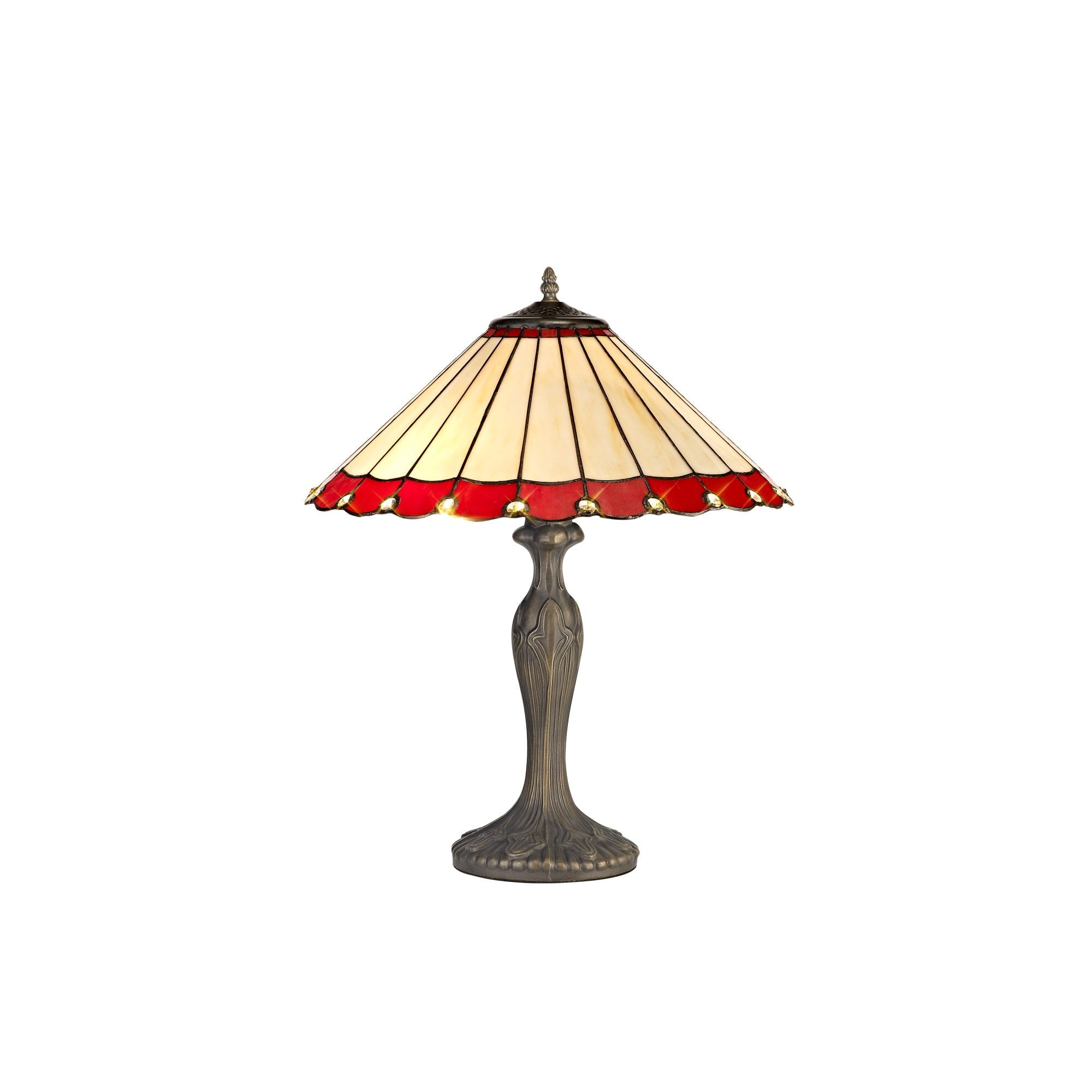 2 Light Curved Table Lamp E27 With 40cm Tiffany Shade, Red/Cream/Crystal/Aged Antique Brass