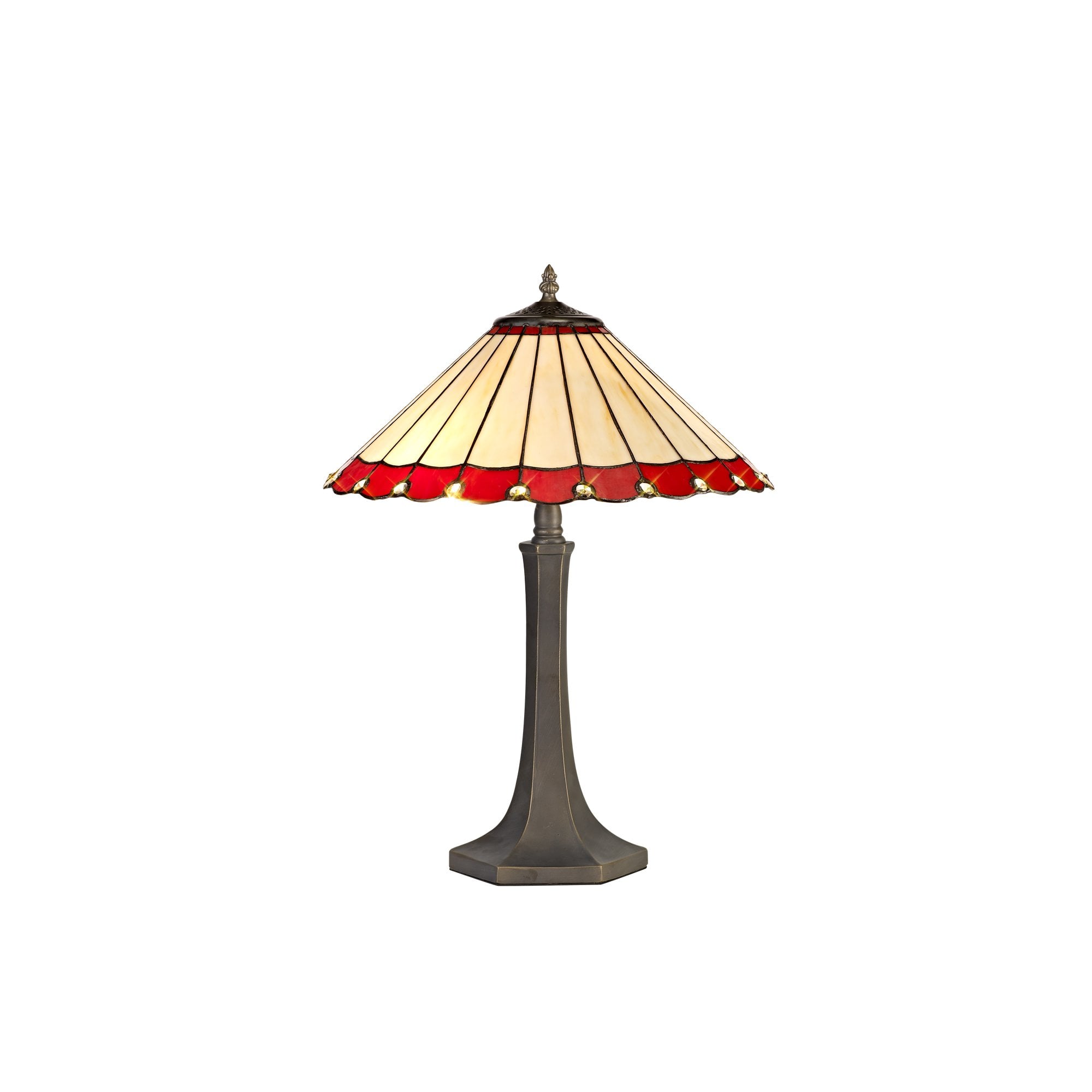 2 Light Octagonal Table Lamp E27 With 40cm Tiffany Shade, Red/Cream/Crystal/Aged Antique Brass