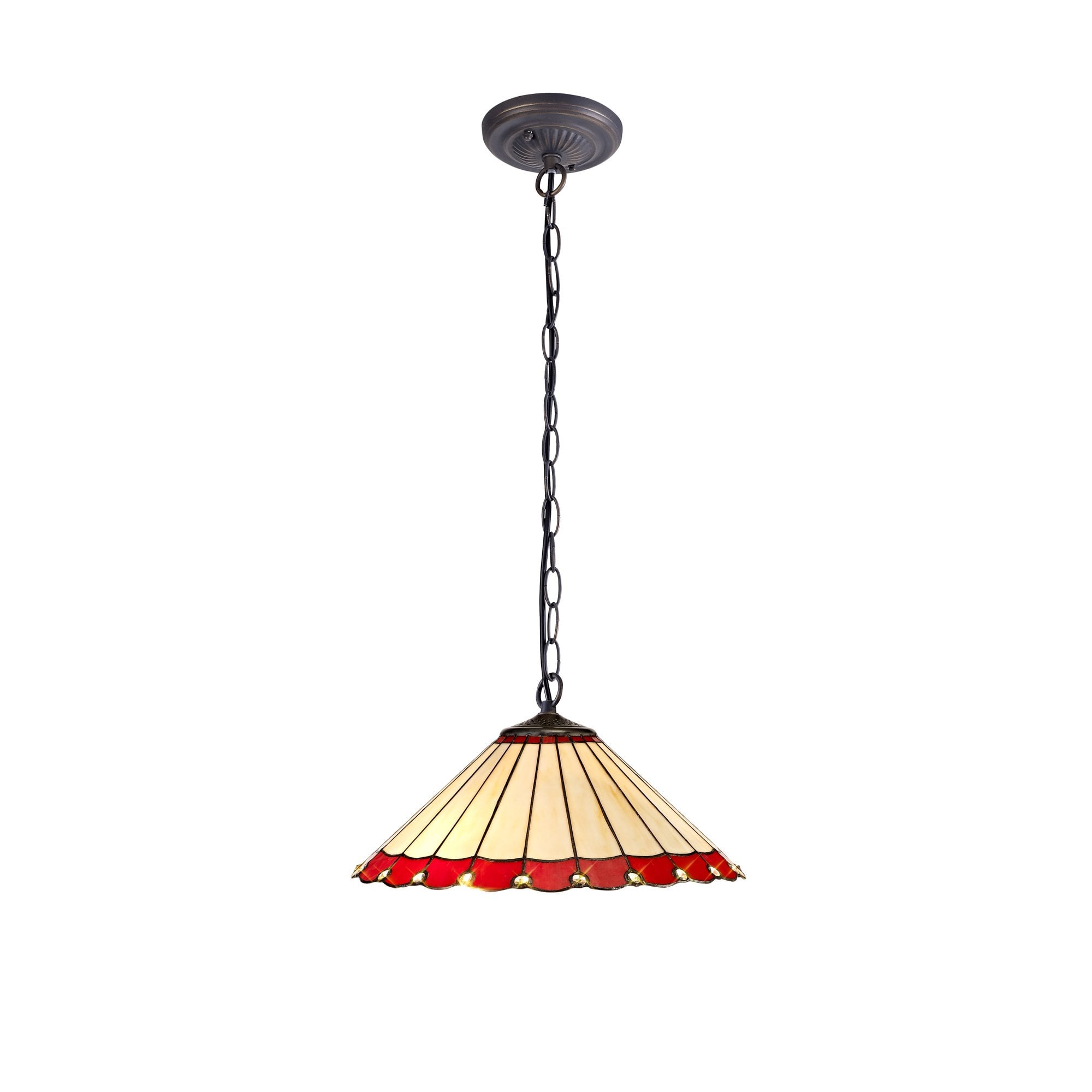 1 Light Downlighter Pendant E27 With 40cm Tiffany Shade, Red/Cream/Crystal/Aged Antique Brass