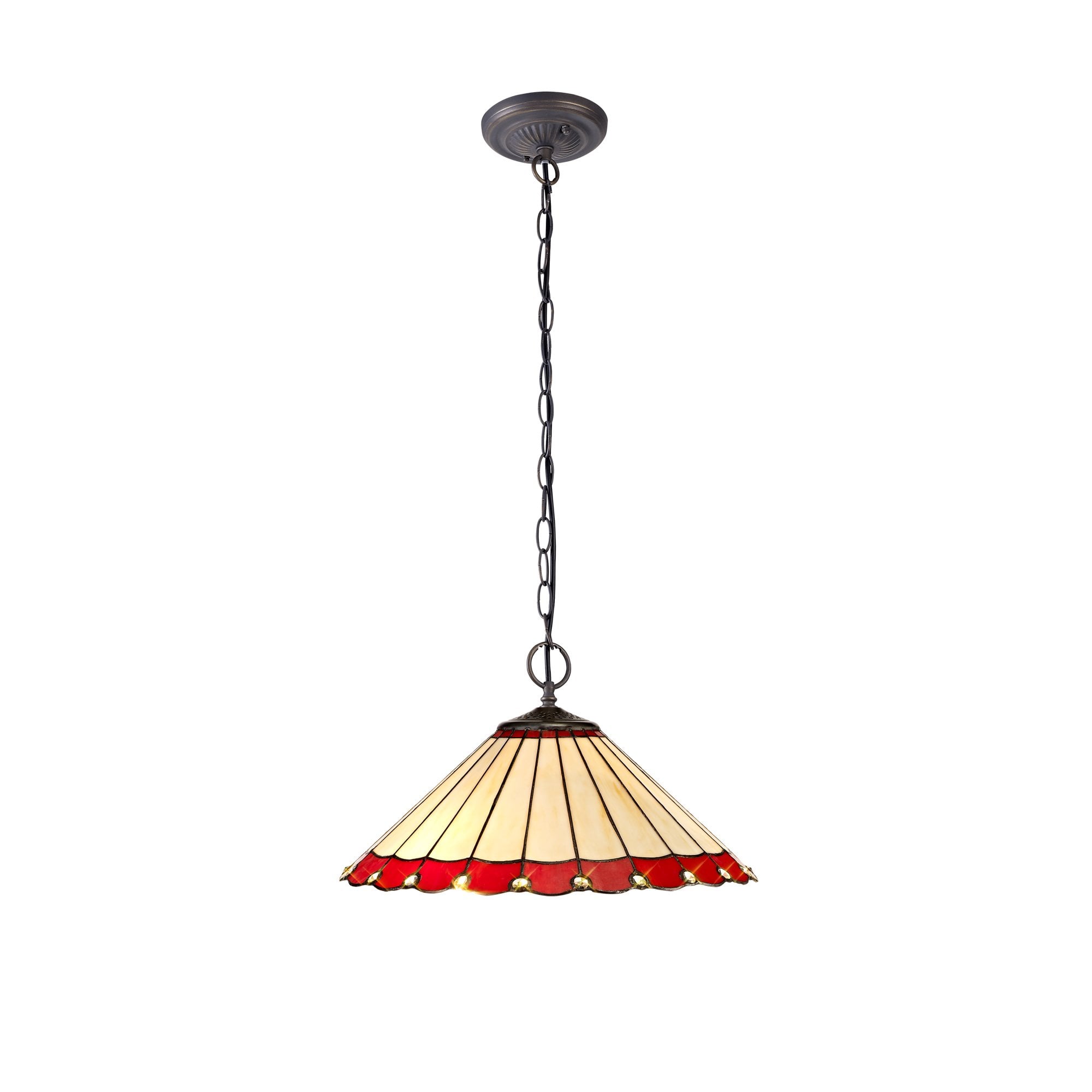 2 Light Downlighter Pendant E27 With 40cm Tiffany Shade, Red/Cream/Crystal/Aged Antique Brass