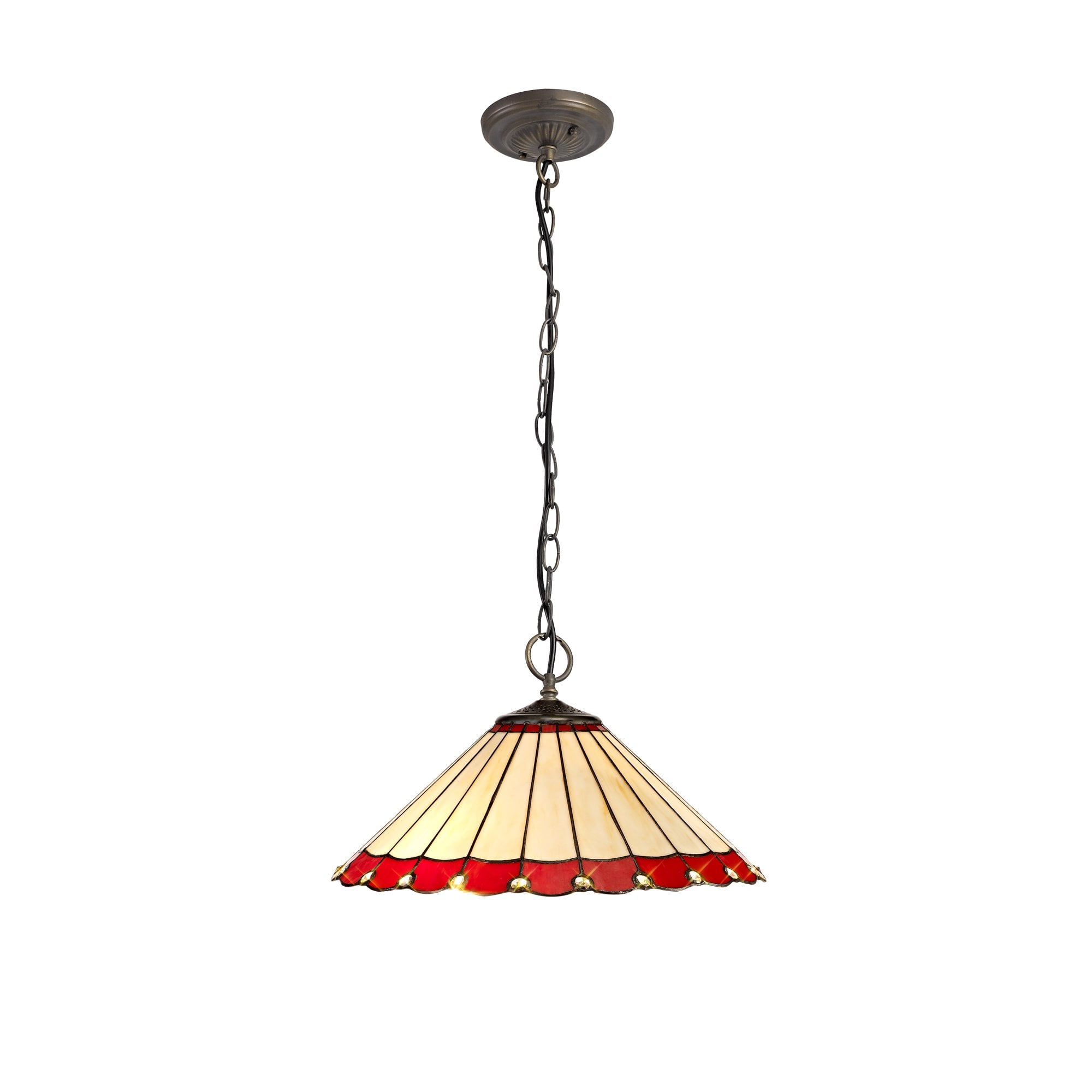 3 Light Downlighter Pendant E27 With 40cm Tiffany Shade, Red/Cream/Crystal/Aged Antique Brass