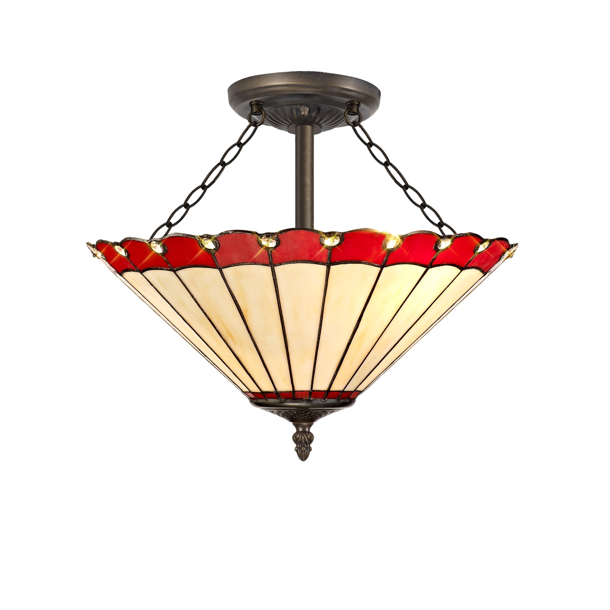 3 Light Semi Ceiling E27 With 40cm Tiffany Shade, Red/Cream/Crystal/Aged Antique Brass