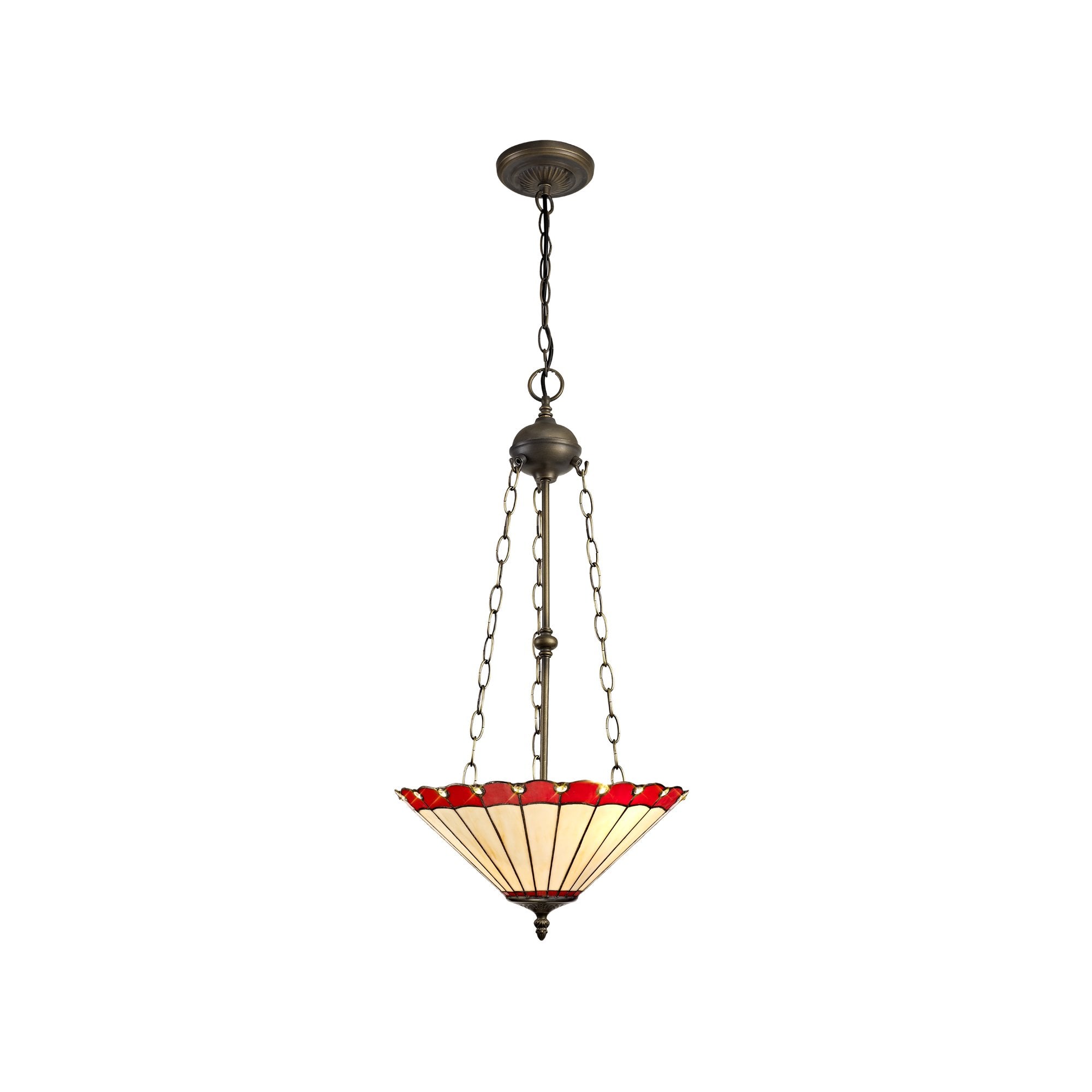 3 Light Uplighter Pendant E27 With 40cm Tiffany Shade, Red/Cream/Crystal/Aged Antique Brass