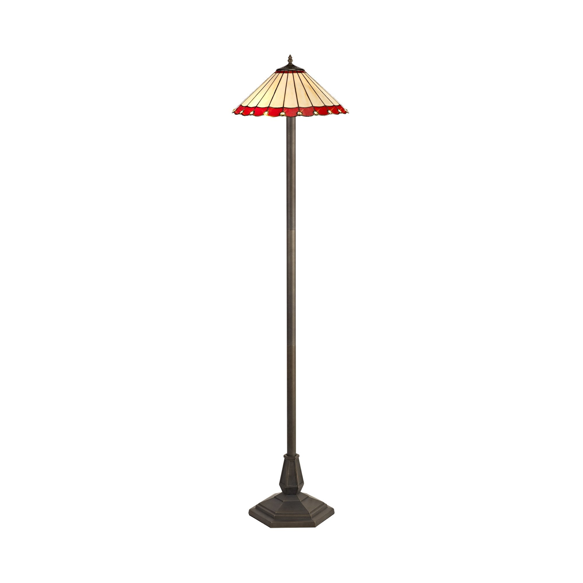 2 Light Octagonal Floor Lamp E27 With 40cm Tiffany Shade, Red/Cream/Crystal/Aged Antique Brass