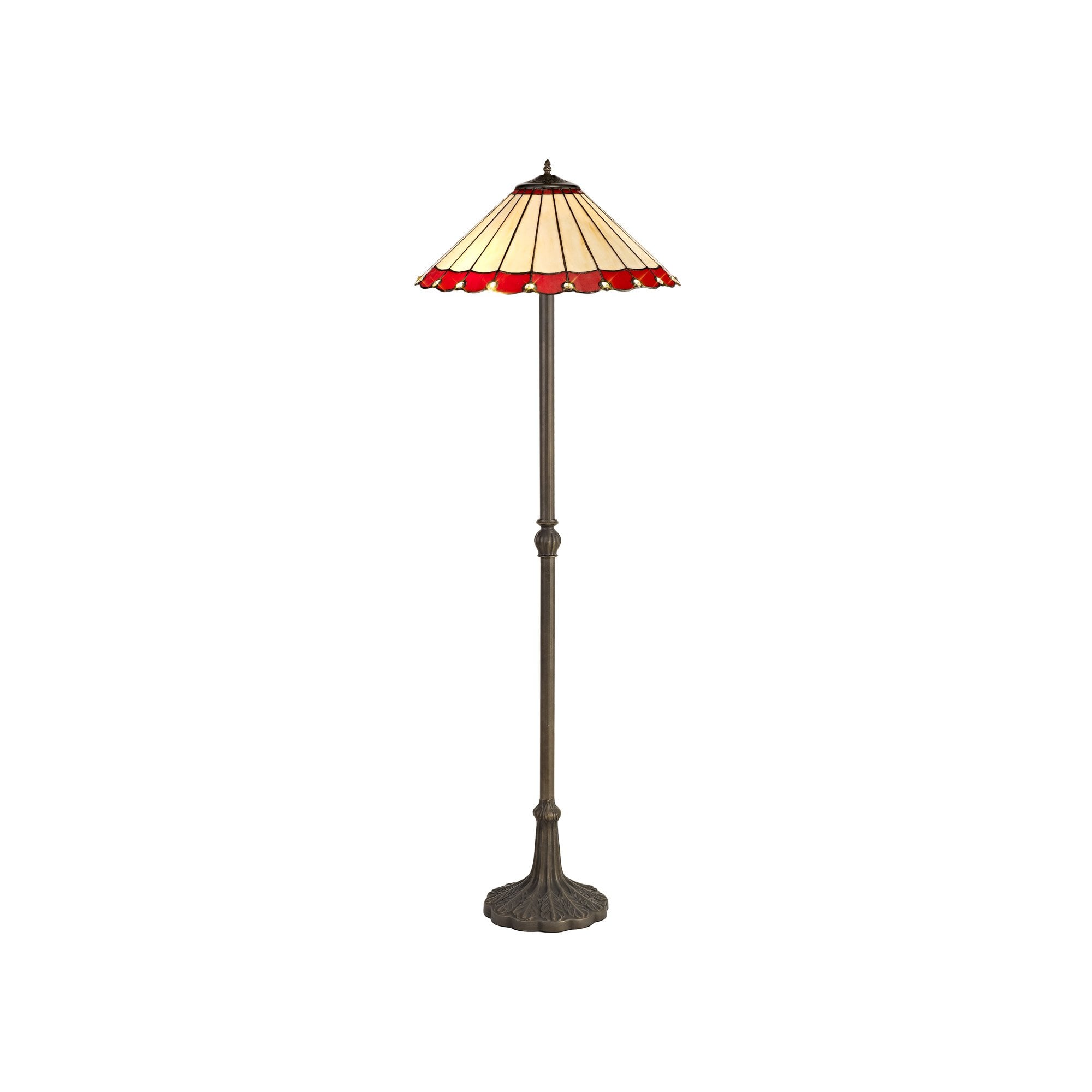 2 Light Leaf Design Floor Lamp E27 With 40cm Tiffany Shade, Red/Cream/Crystal/Aged Antique Brass