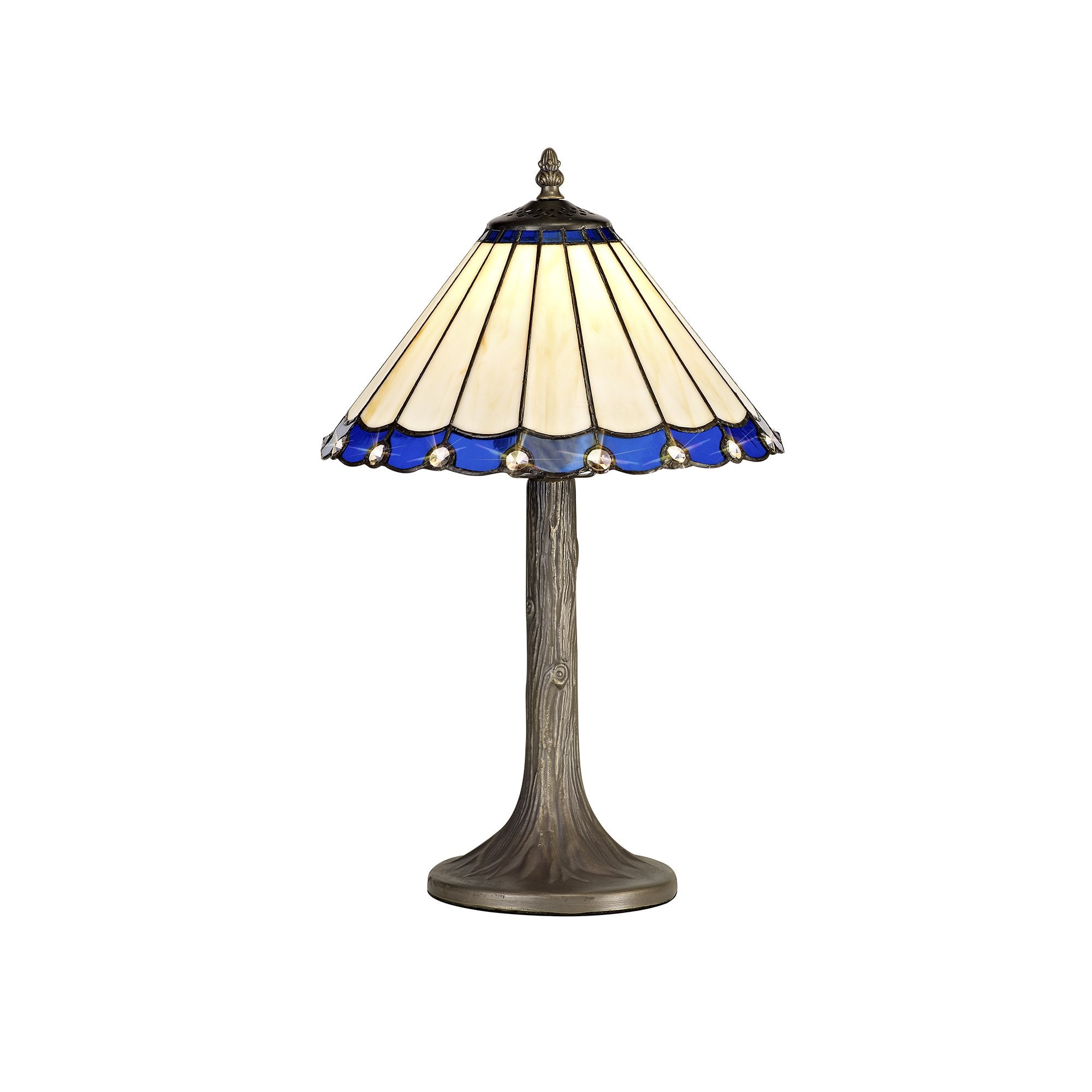 1 Light Tree Like Table Lamp E27 With 30cm Tiffany Shade, Blue/Cream/Crystal/Aged Antique Brass