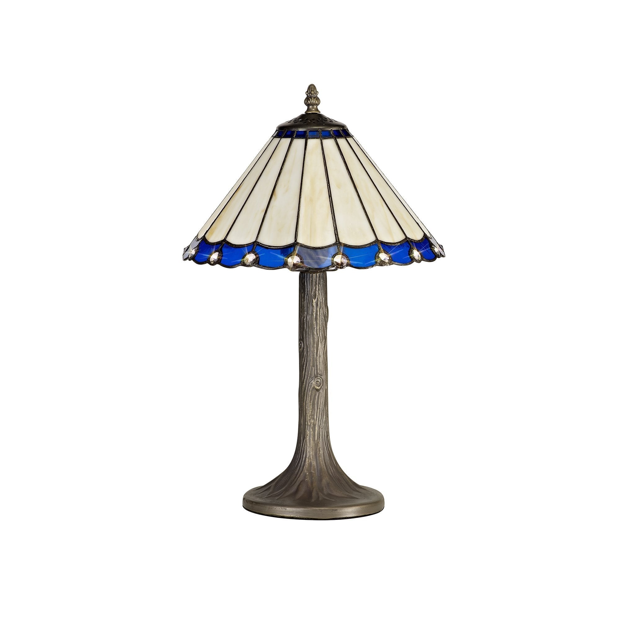 1 Light Tree Like Table Lamp E27 With 30cm Tiffany Shade, Blue/Cream/Crystal/Aged Antique Brass