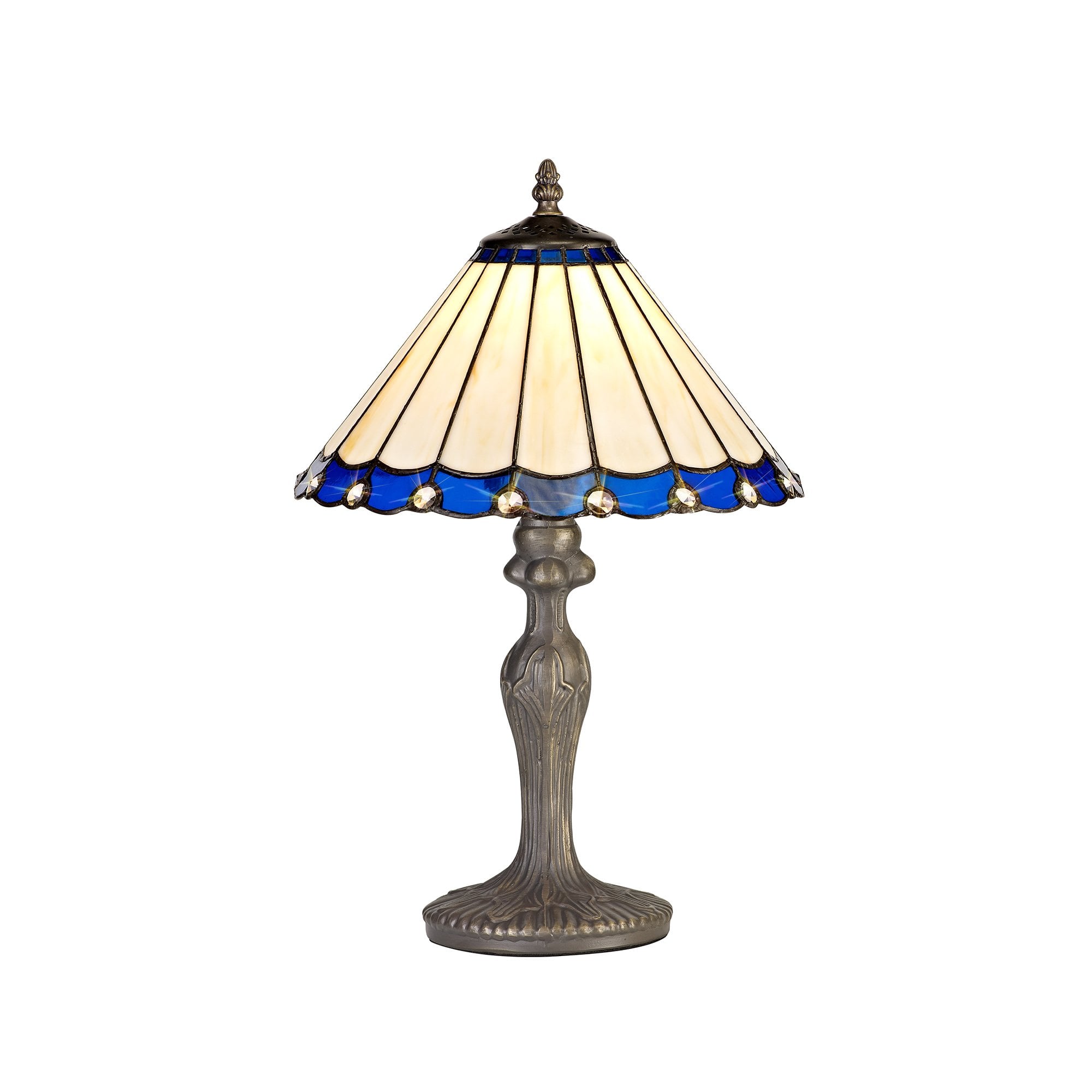 1 Light Curved Table Lamp E27 With 30cm Tiffany Shade, Blue/Cream/Crystal/Aged Antique Brass