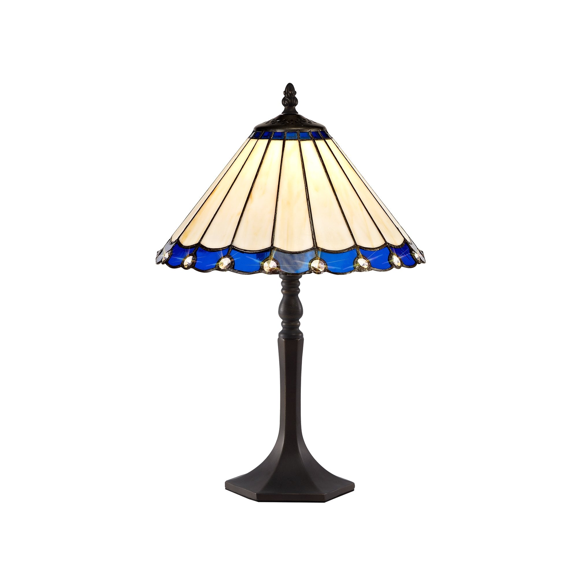 1 Light Octagonal Table Lamp E27 With 30cm Tiffany Shade, Blue/Cream/Crystal/Aged Antique Brass