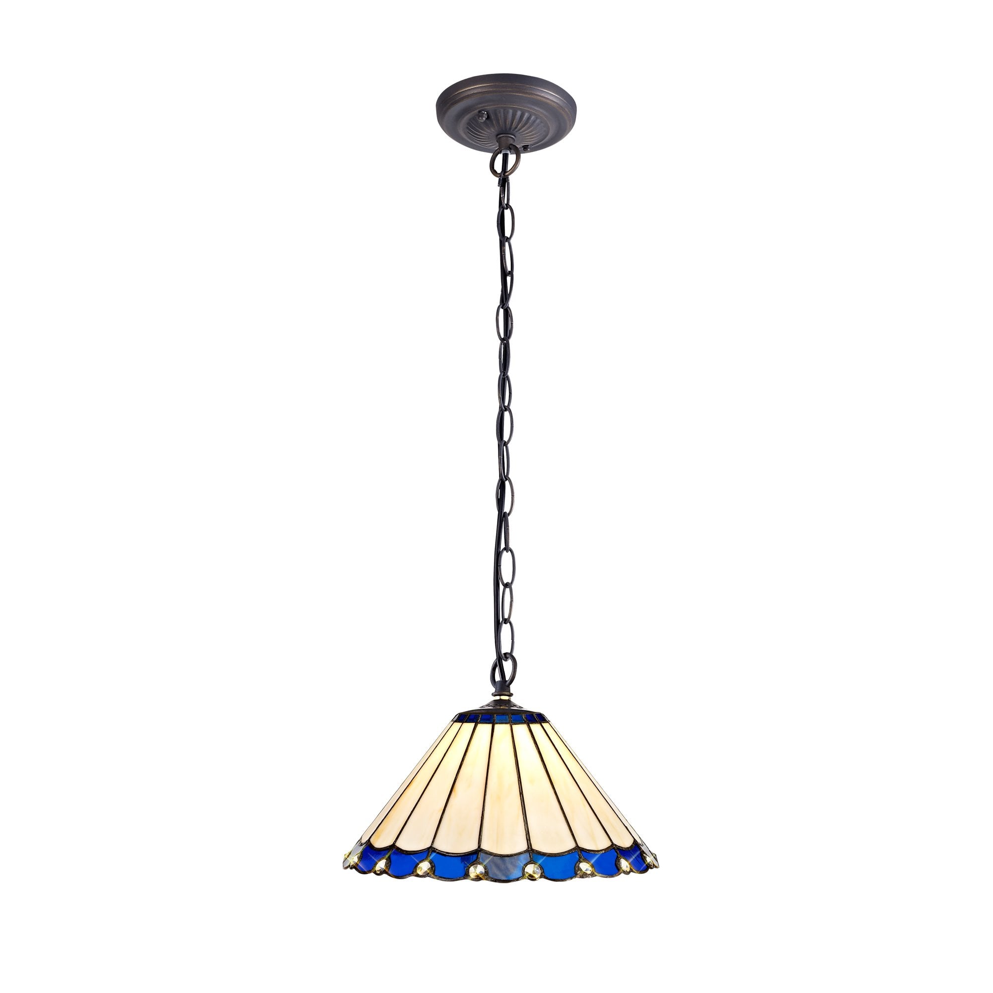 1 Light Downlighter Pendant E27 With 30cm Tiffany Shade, Blue/Cream/Crystal/Aged Antique Brass