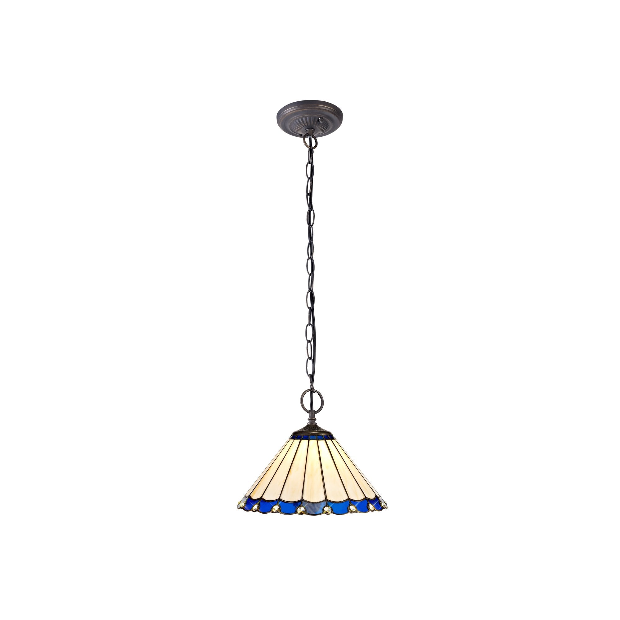 2 Light Downlighter Pendant E27 With 30cm Tiffany Shade, Blue/Cream/Crystal/Aged Antique Brass