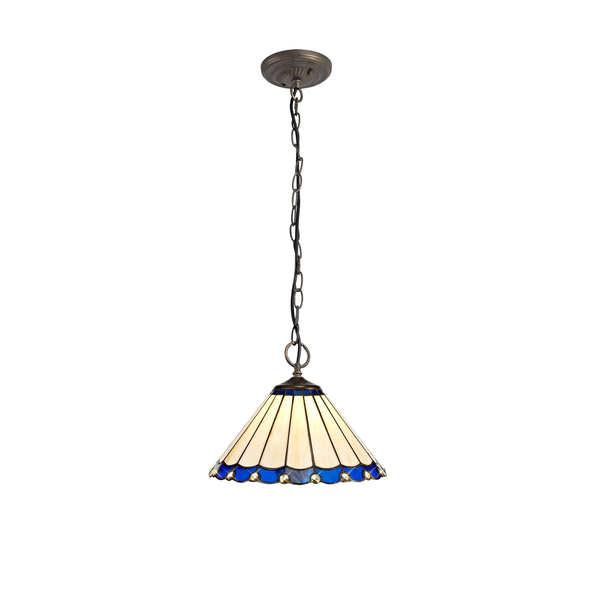 3 Light Downlighter Pendant E27 With 30cm Tiffany Shade, Blue/Cream/Crystal/Aged Antique Brass