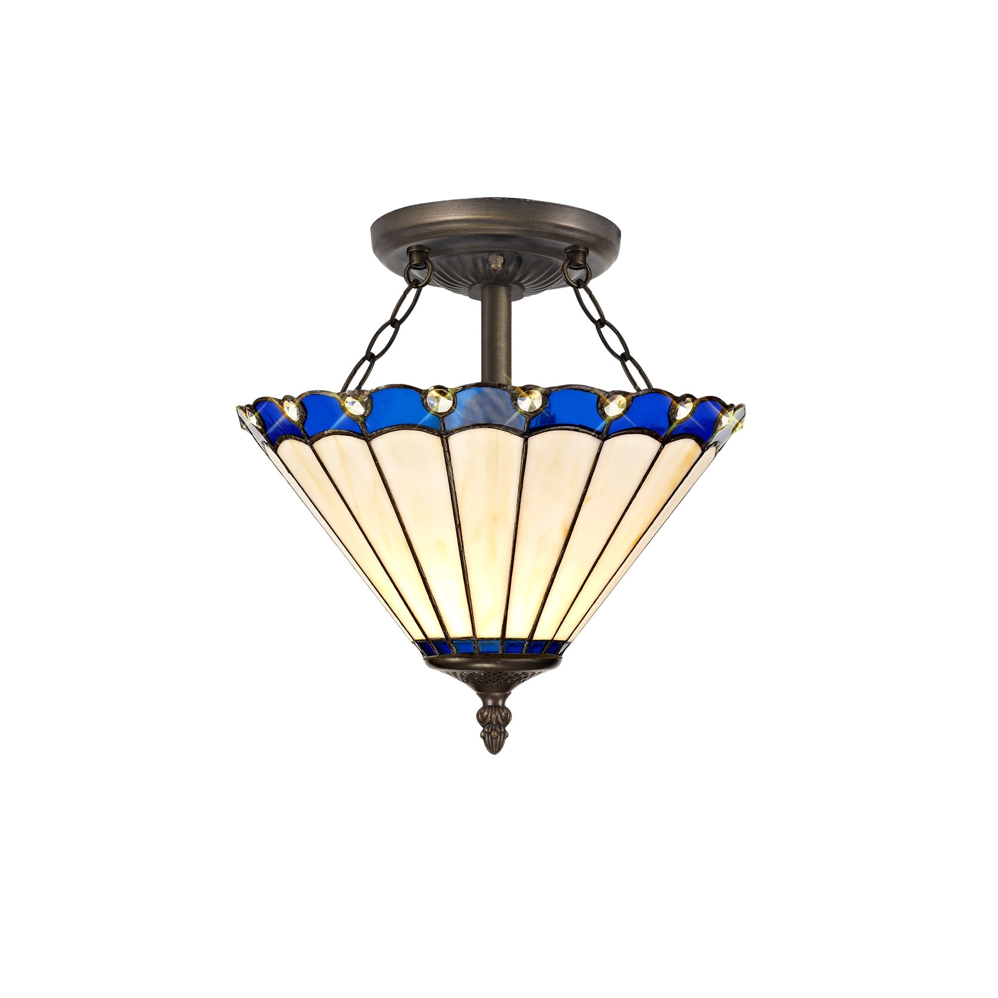 2 Light Semi Ceiling E27 With 30cm Tiffany Shade, Blue/Cream/Crystal/Aged Antique Brass