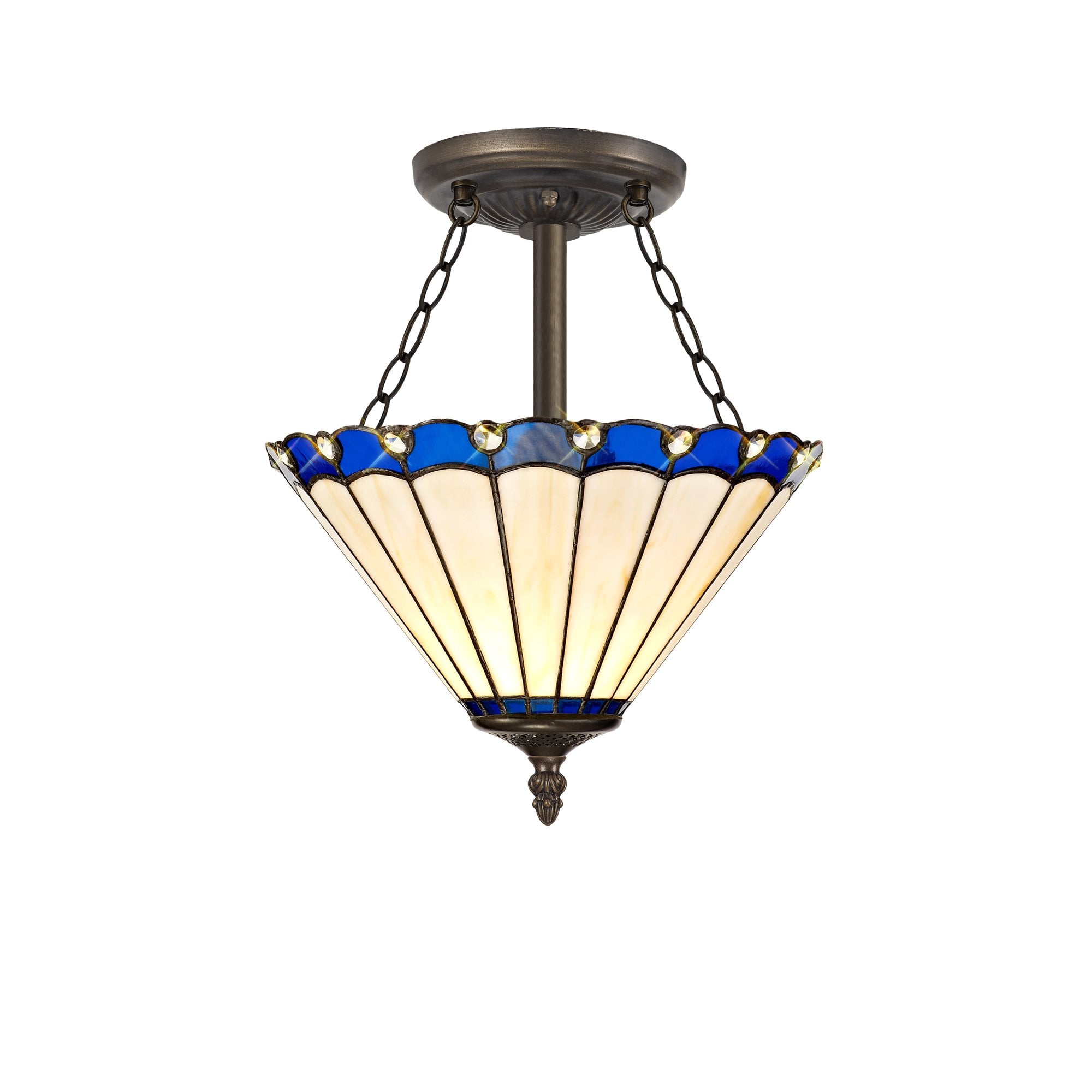 3 Light Semi Ceiling E27 With 30cm Tiffany Shade, Blue/Cream/Crystal/Aged Antique Brass