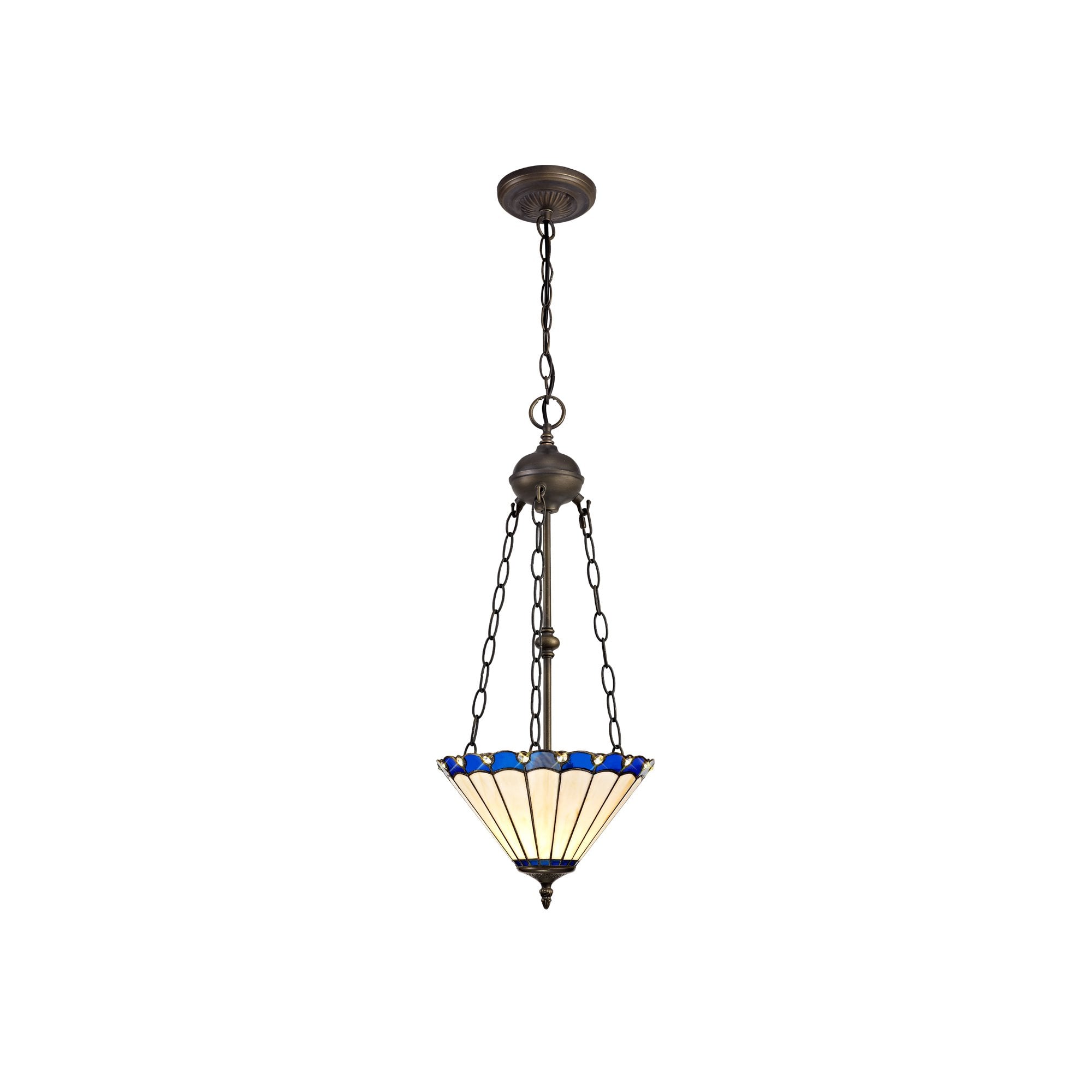 2 Light Uplighter Pendant E27 With 30cm Tiffany Shade, Blue/Cream/Crystal/Aged Antique Brass