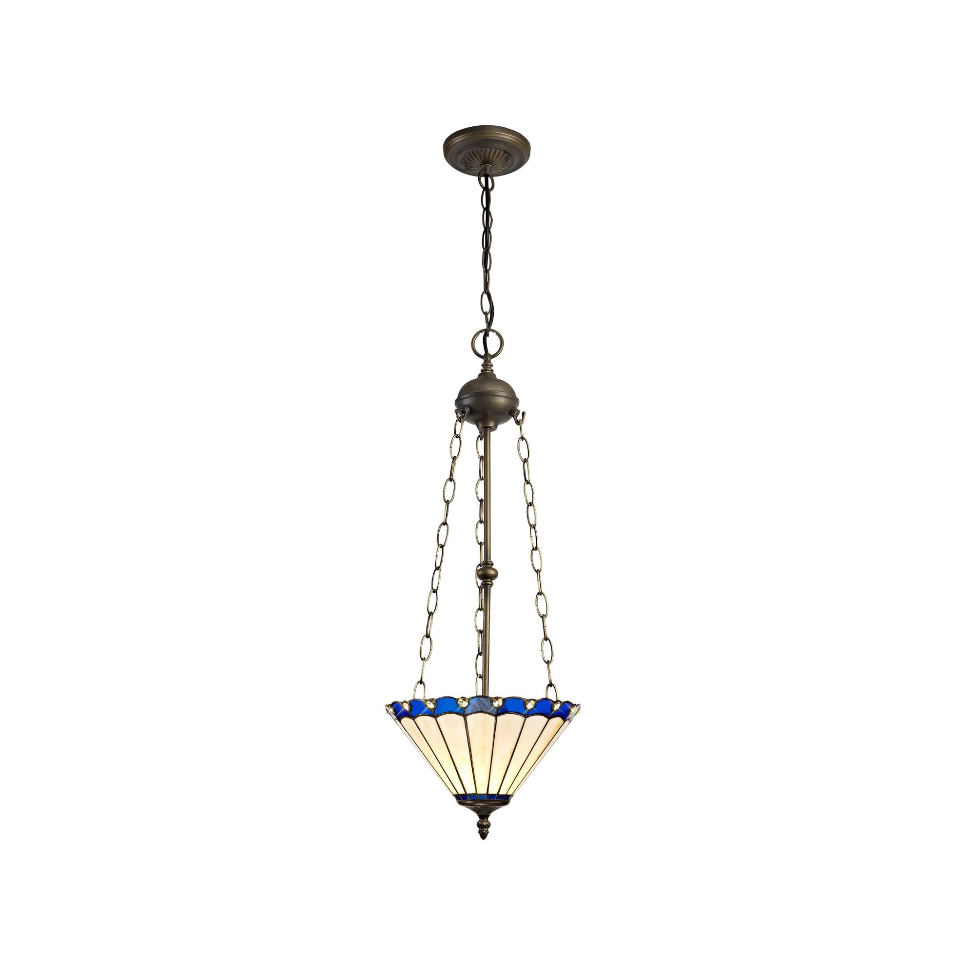 3 Light Uplighter Pendant E27 With 30cm Tiffany Shade, Blue/Cream/Crystal/Aged Antique Brass