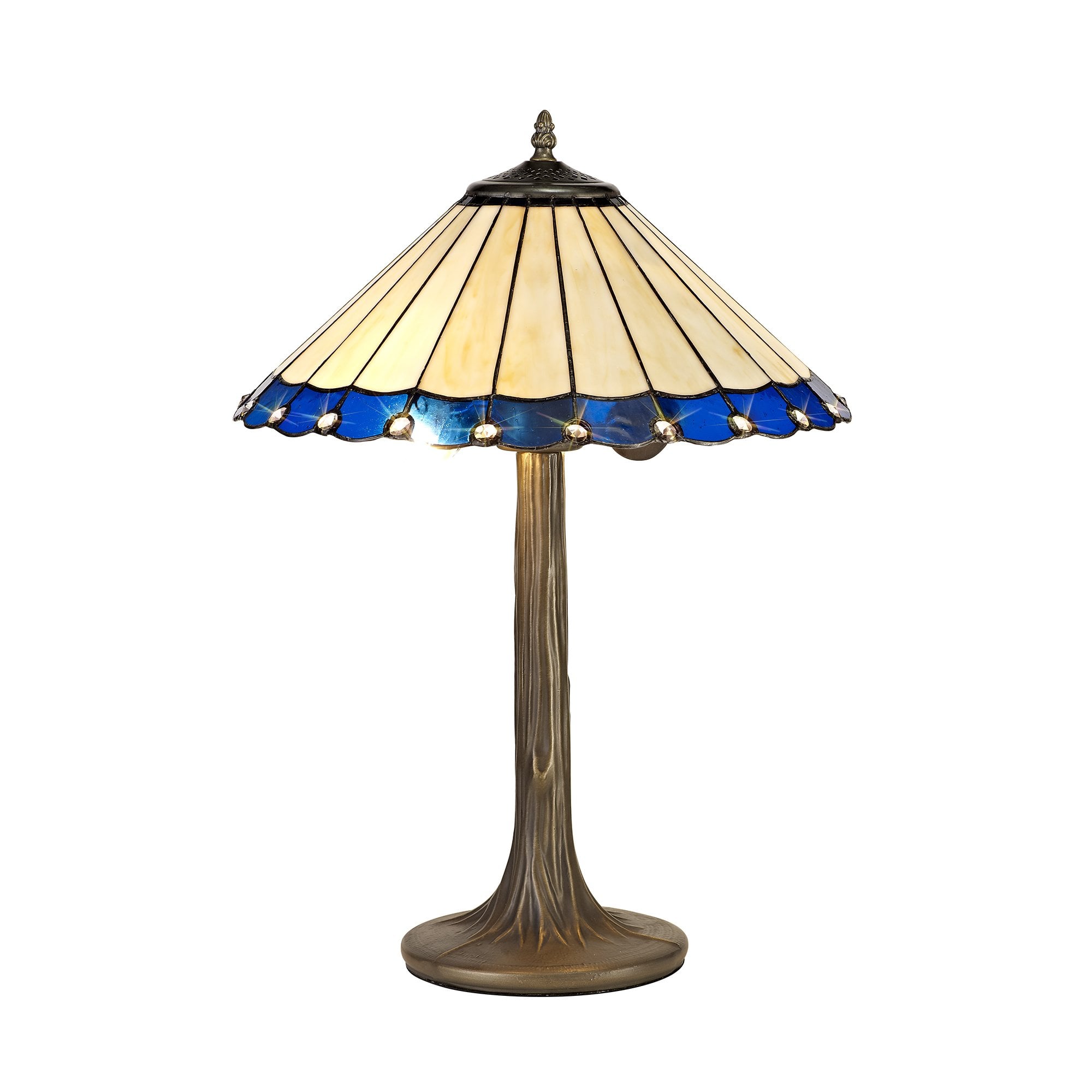 2 Light Tree Like Table Lamp E27 With 40cm Tiffany Shade, Blue/Cream/Crystal/Aged Antique Brass