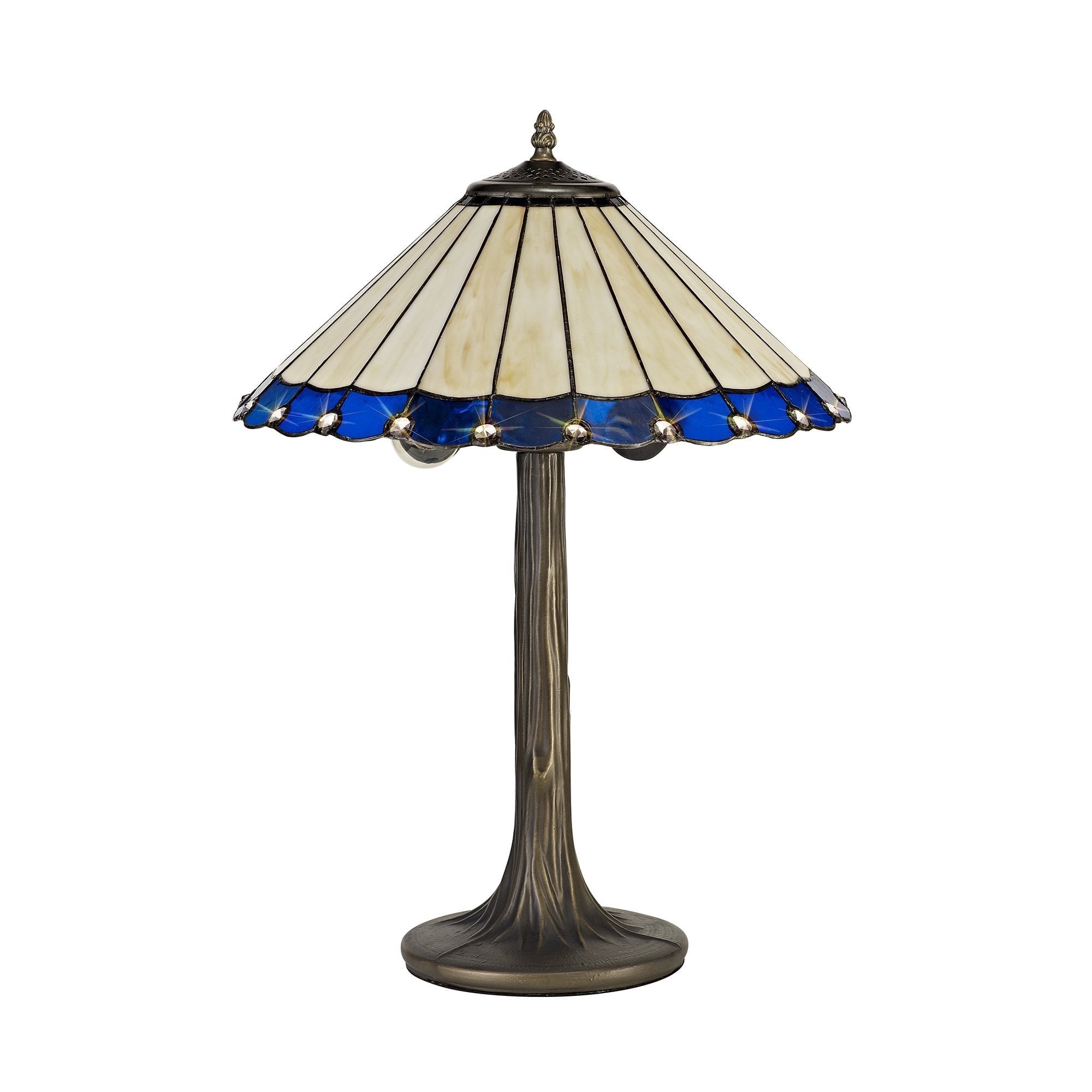 2 Light Tree Like Table Lamp E27 With 40cm Tiffany Shade, Blue/Cream/Crystal/Aged Antique Brass