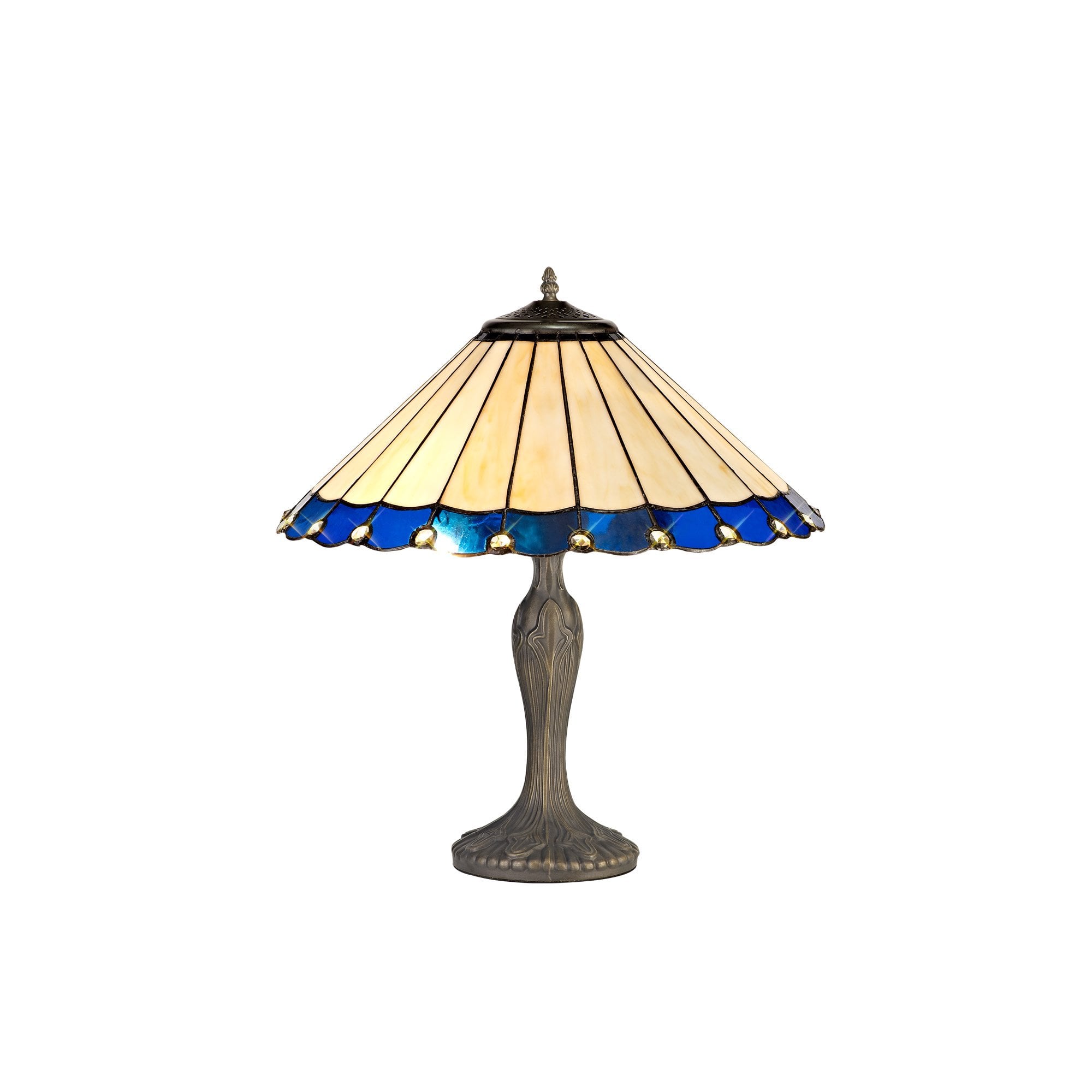 2 Light Curved Table Lamp E27 With 40cm Tiffany Shade, Blue/Cream/Crystal/Aged Antique Brass