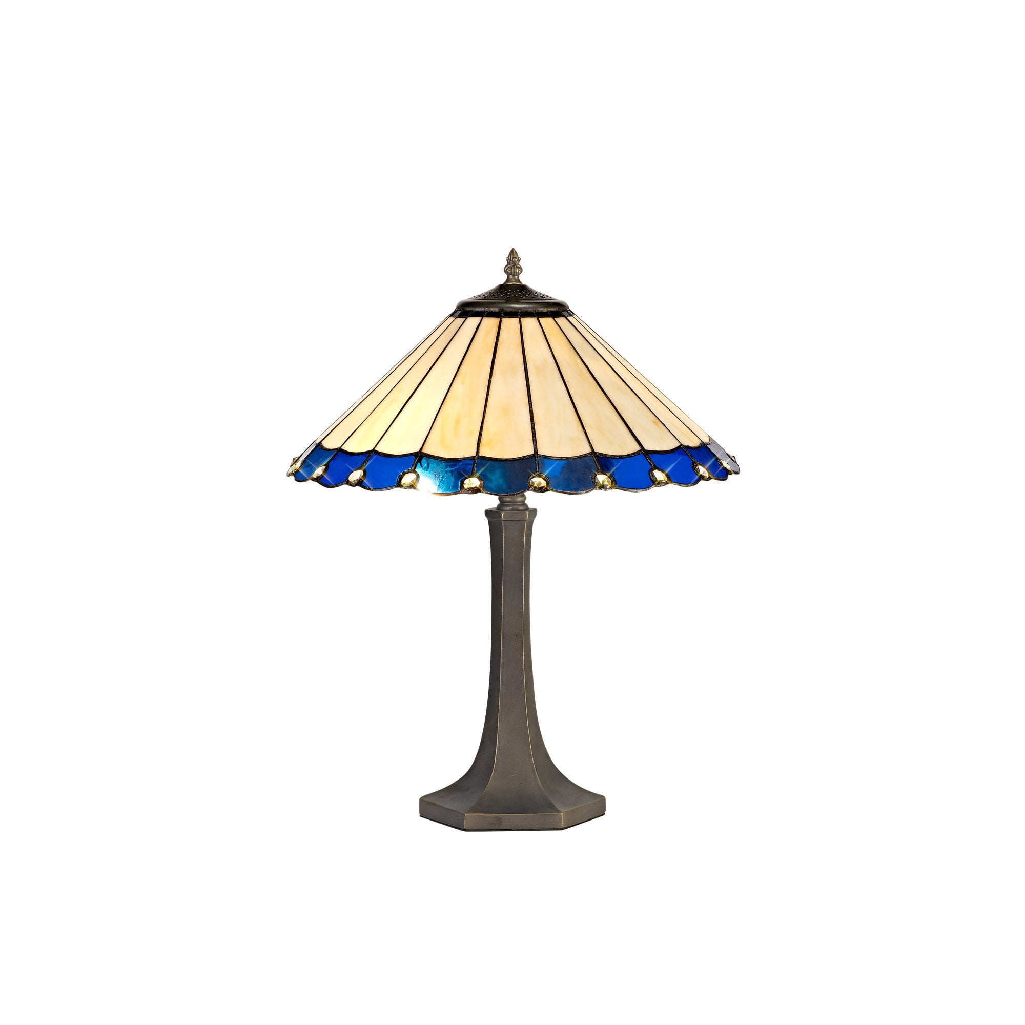 2 Light Octagonal Table Lamp E27 With 40cm Tiffany Shade, Blue/Cream/Crystal/Aged Antique Brass