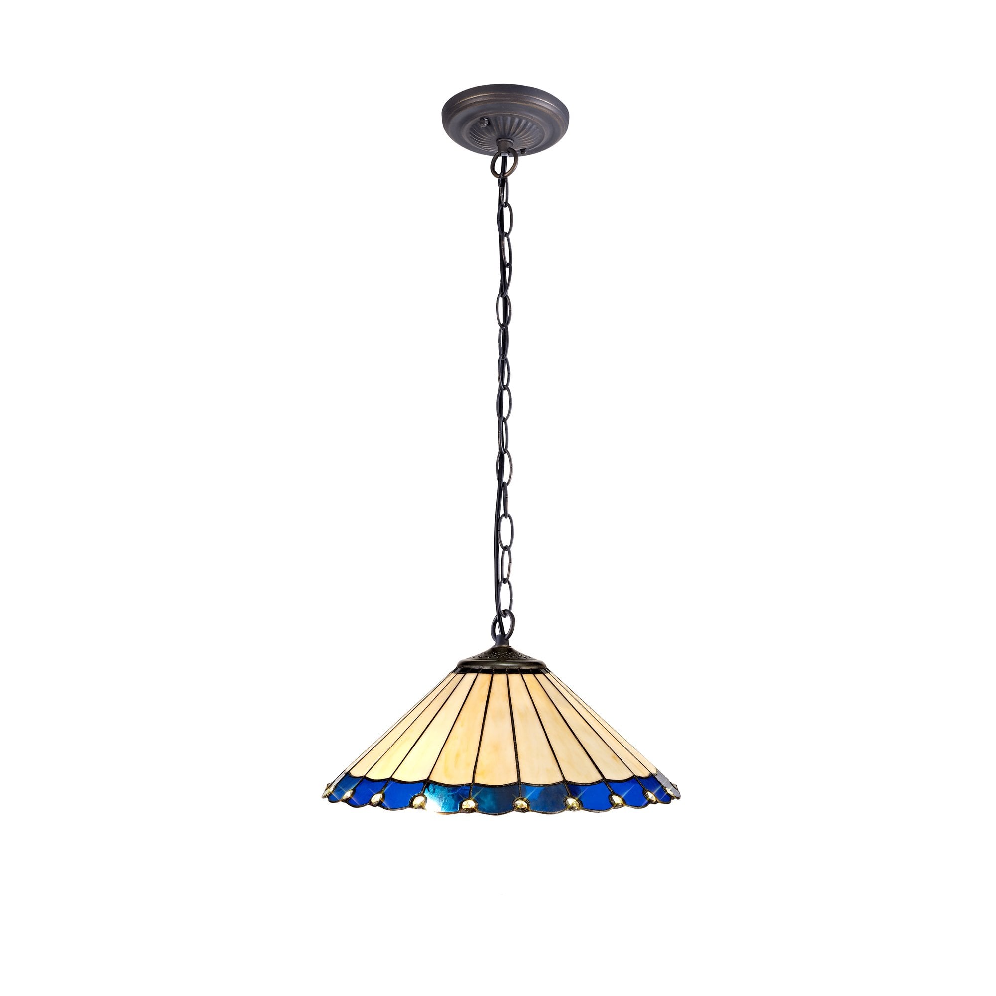 1 Light Downlighter Pendant E27 With 40cm Tiffany Shade, Blue/Cream/Crystal/Aged Antique Brass