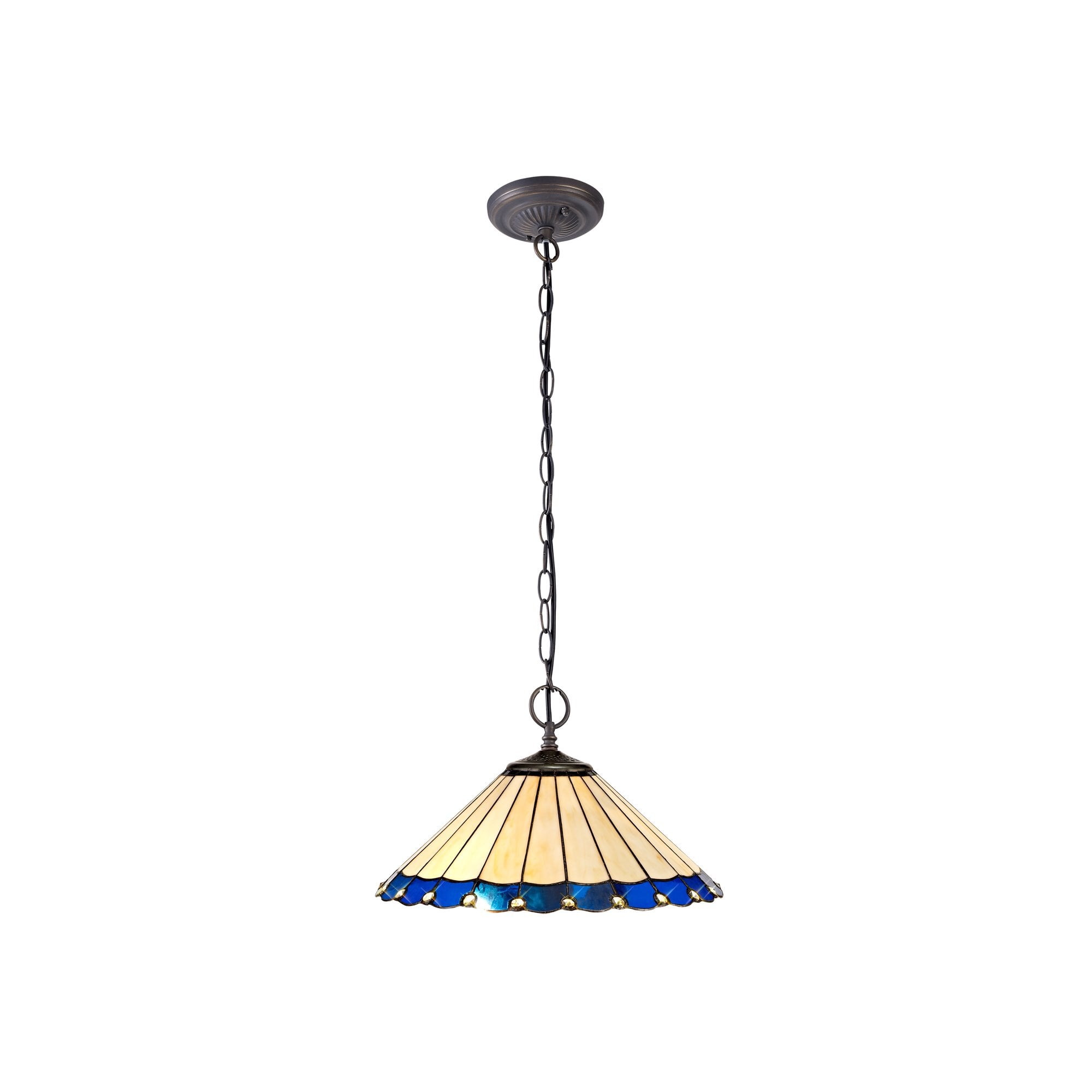 2 Light Downlighter Pendant E27 With 40cm Tiffany Shade, Blue/Cream/Crystal/Aged Antique Brass