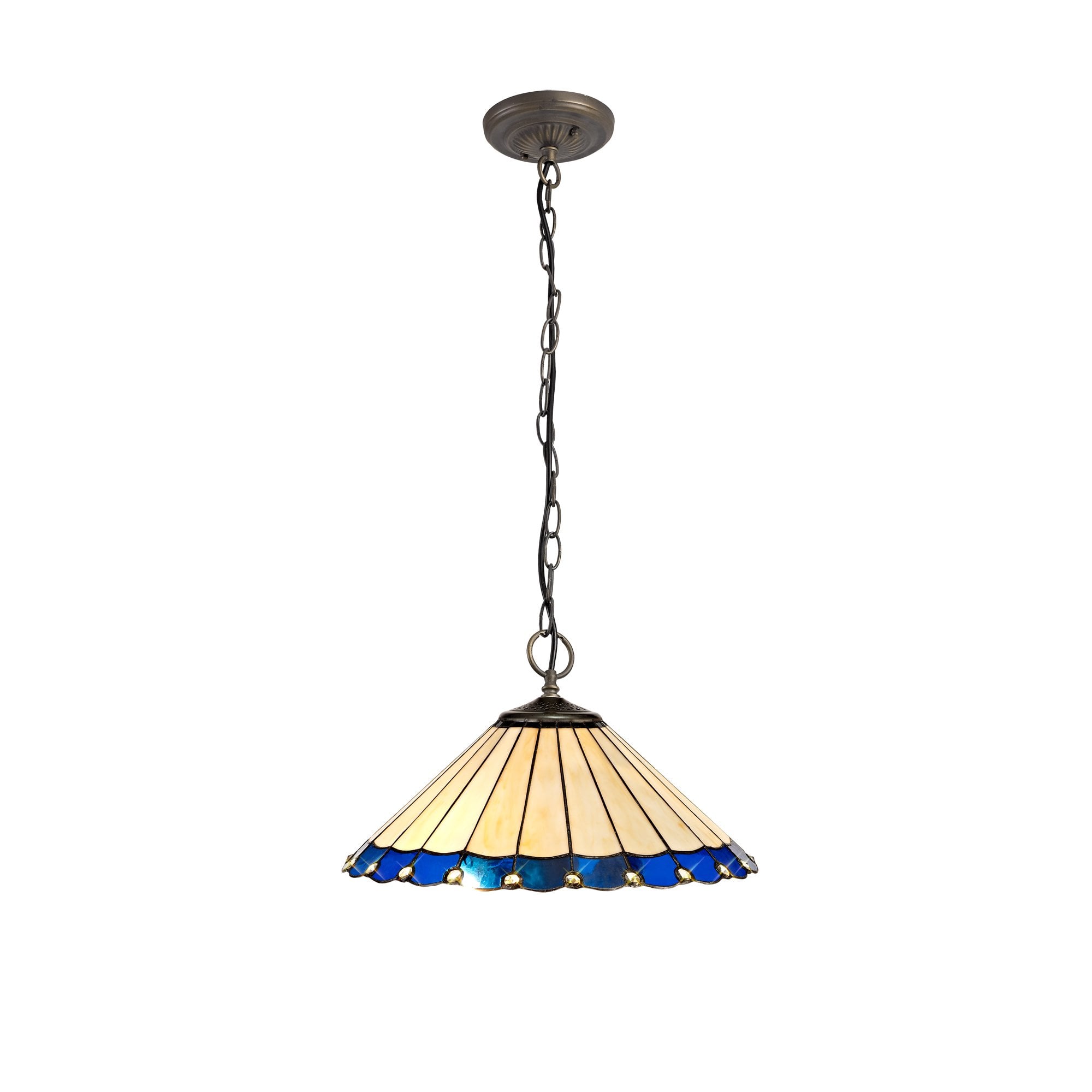 3 Light Downlighter Pendant E27 With 40cm Tiffany Shade, Blue/Cream/Crystal/Aged Antique Brass