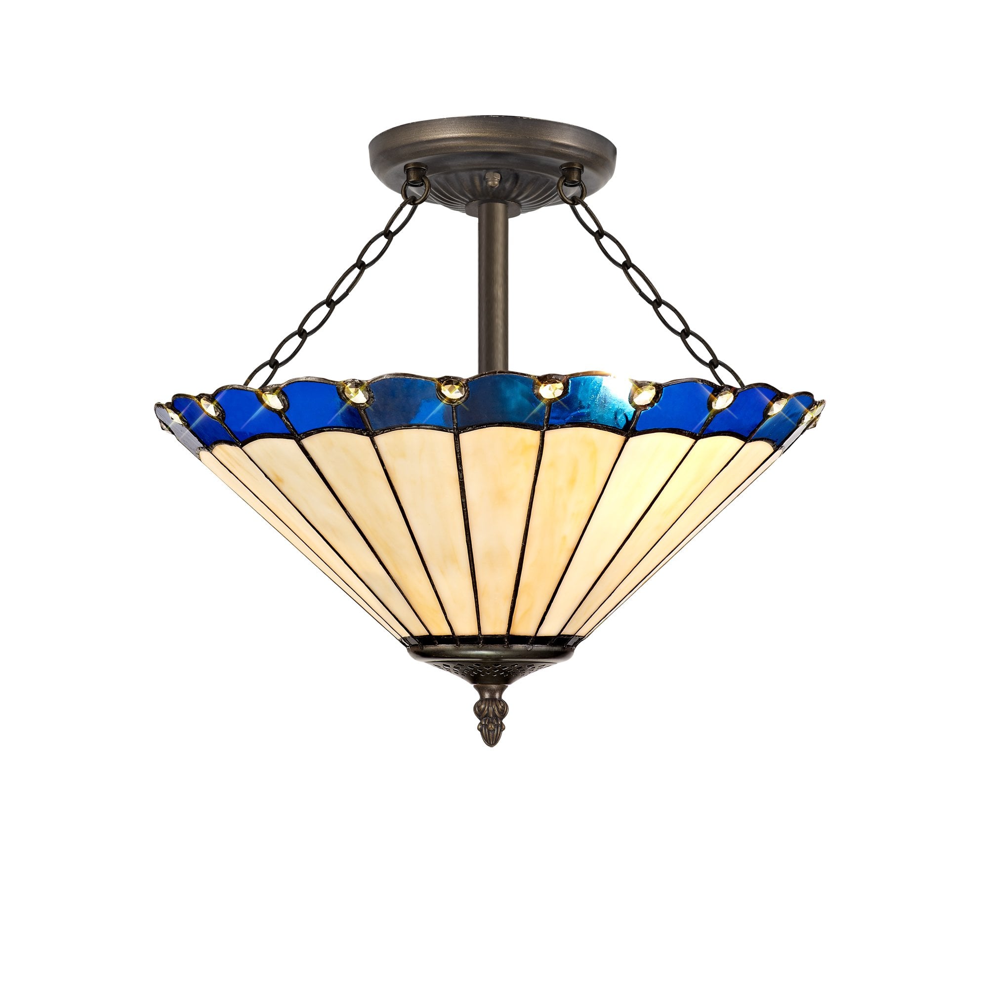 3 Light Semi Ceiling E27 With 40cm Tiffany Shade, Blue/Cream/Crystal/Aged Antique Brass
