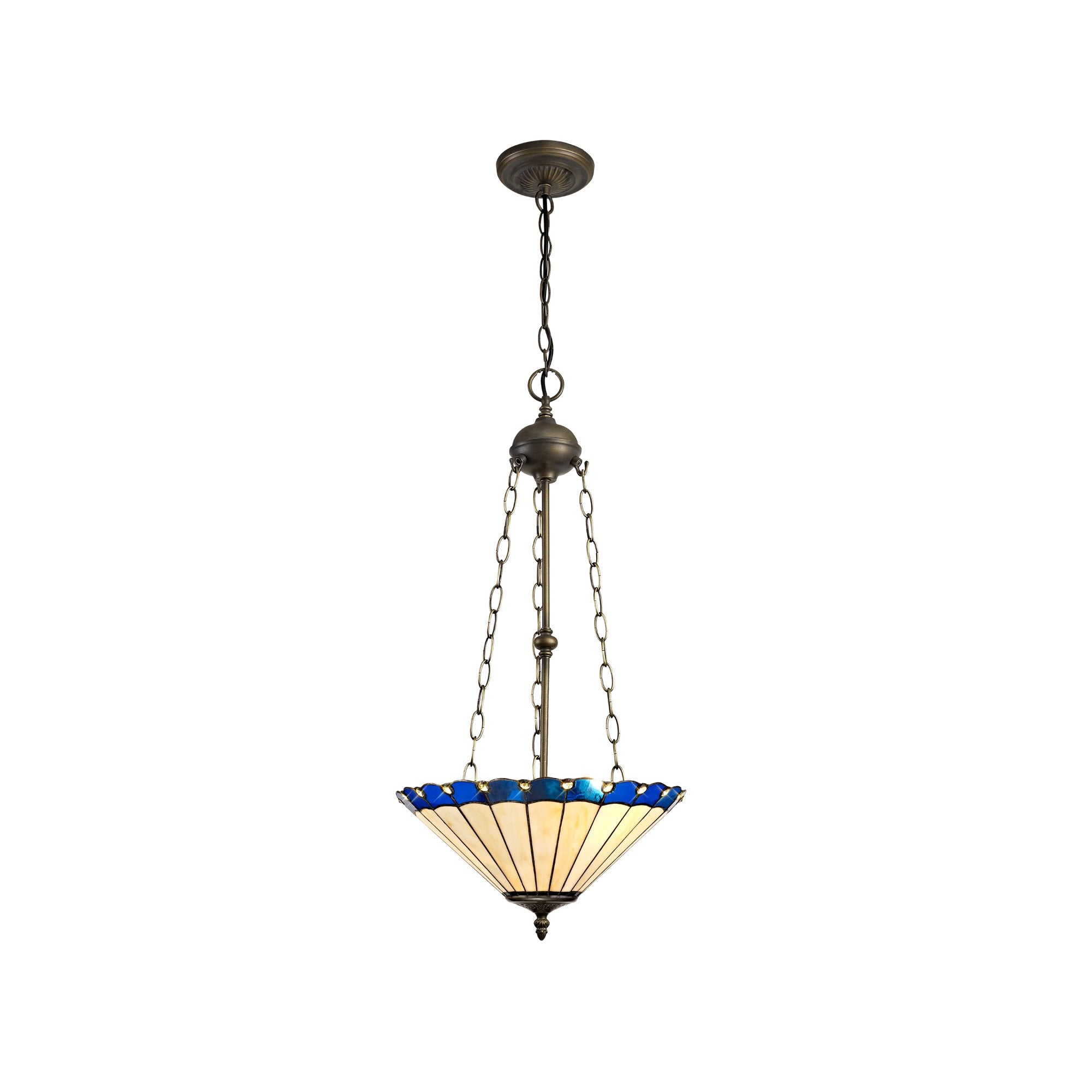 3 Light Uplighter Pendant E27 With 40cm Tiffany Shade, Blue/Cream/Crystal/Aged Antique Brass