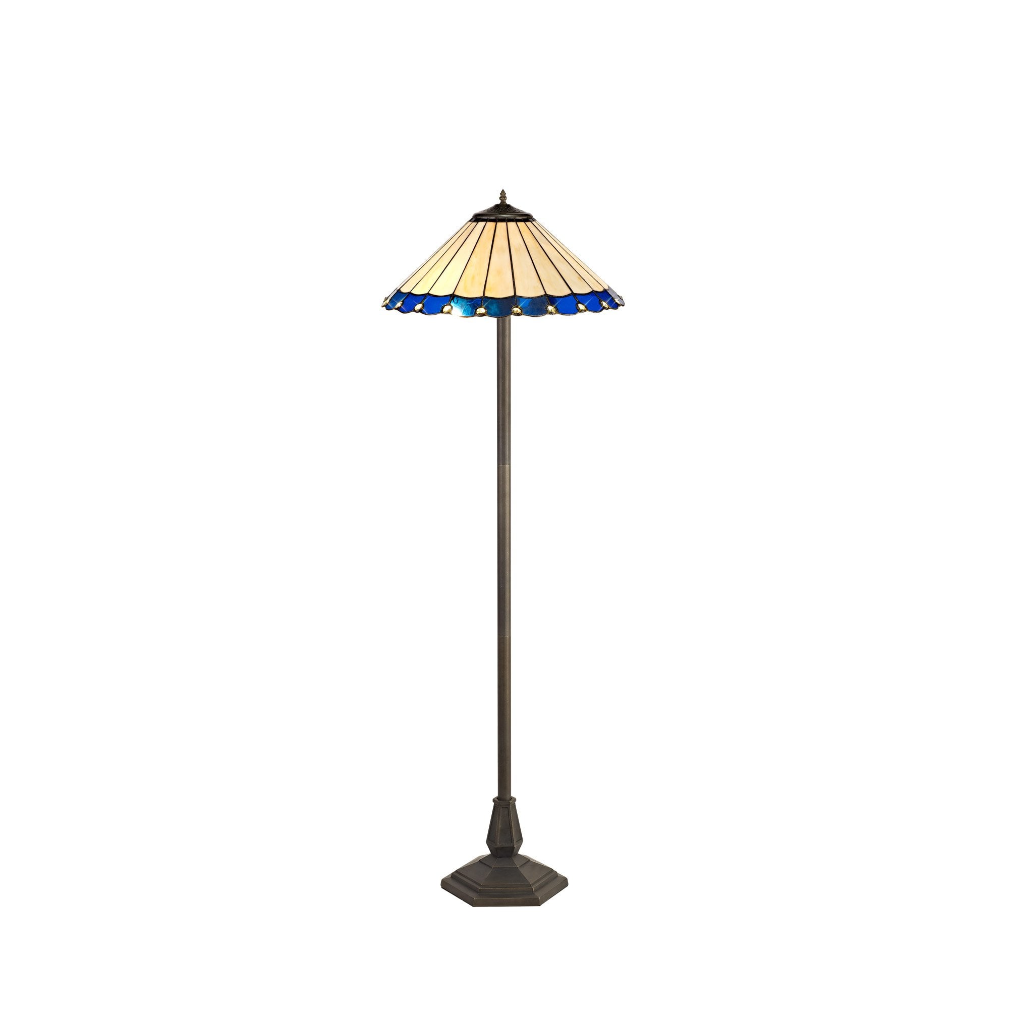 2 Light Octagonal Floor Lamp E27 With 40cm Tiffany Shade, Blue/Cream/Crystal/Aged Antique Brass