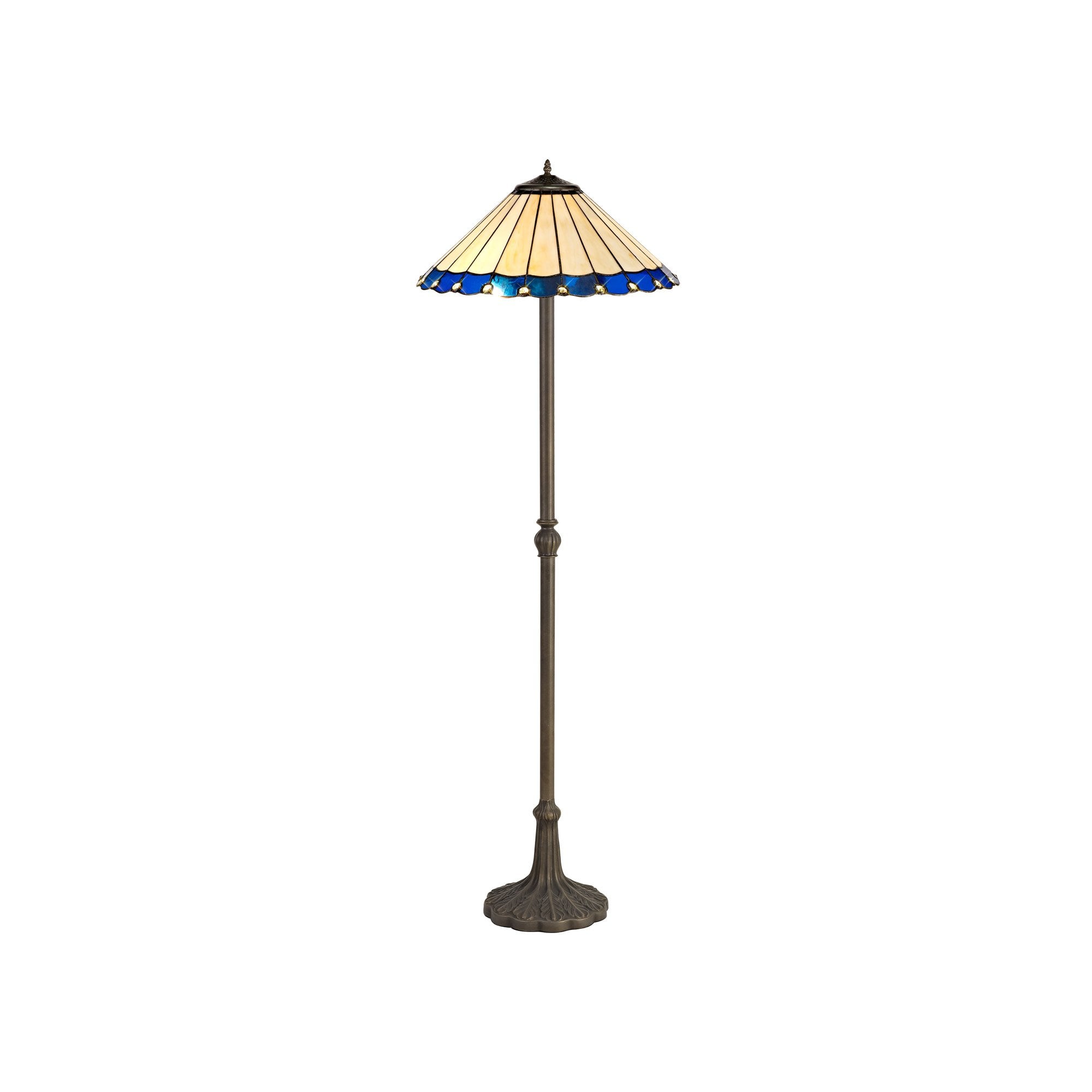2 Light Leaf Design Floor Lamp E27 With 40cm Tiffany Shade, Blue/Cream/Crystal/Aged Antique Brass