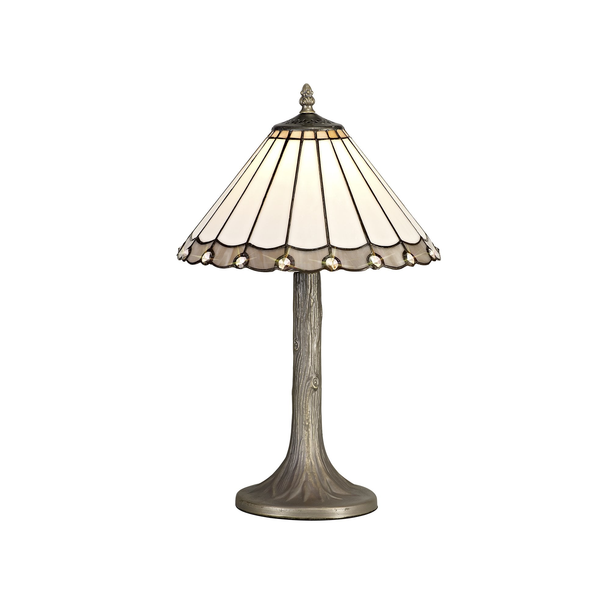 1 Light Tree Like Table Lamp E27 With 30cm Tiffany Shade, Grey/Cream/Crystal/Aged Antique Brass